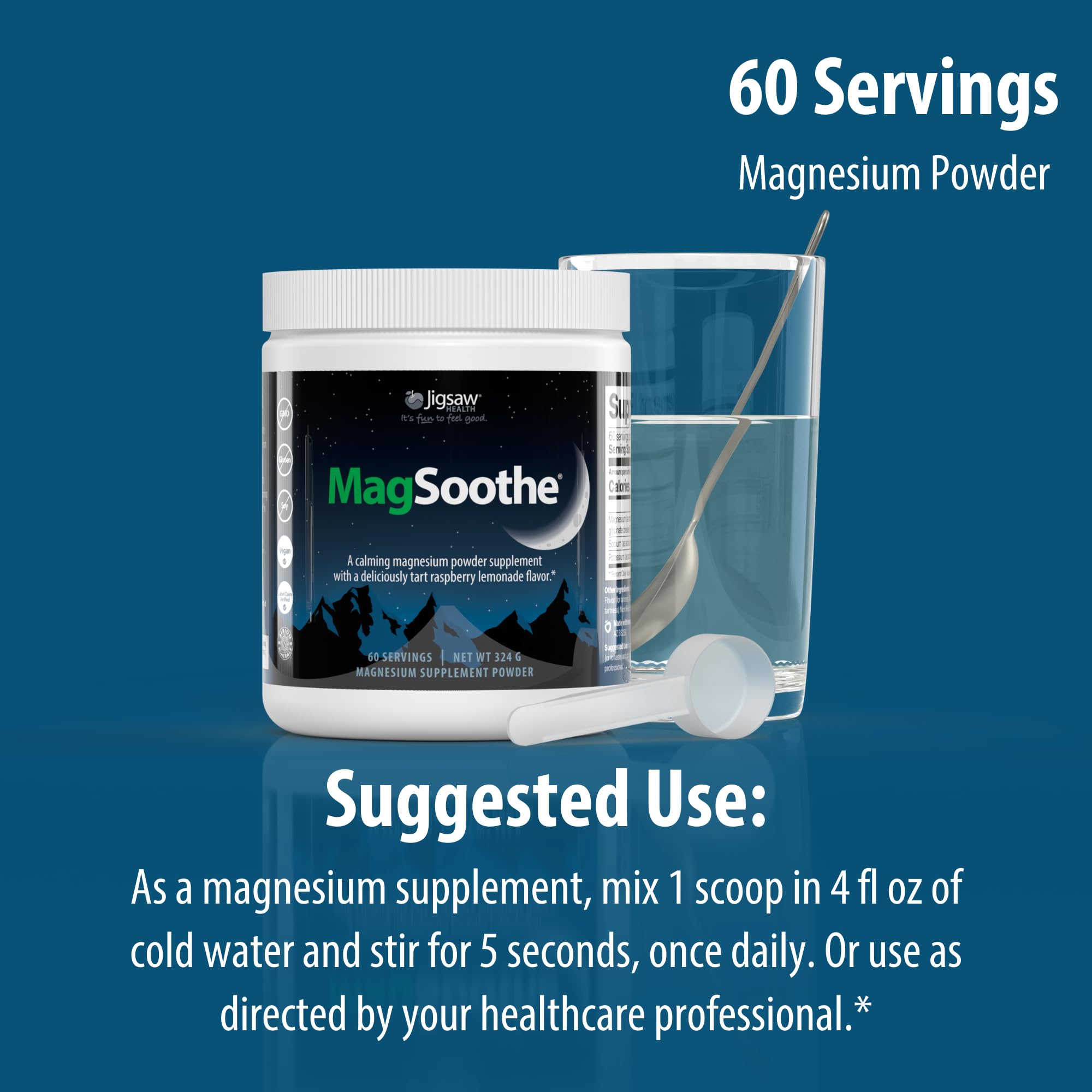 Jigsaw Health MagSoothe bottle front view emphasizes brand reliability and product focus.