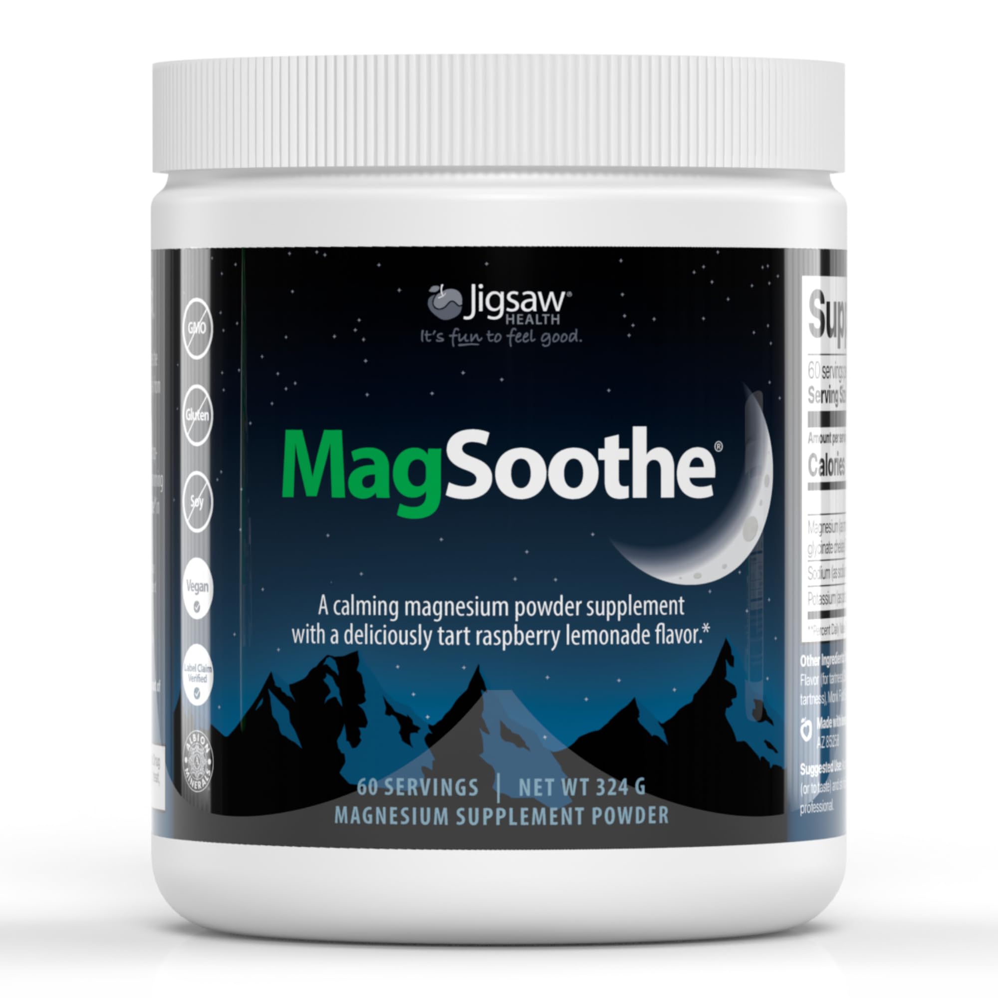 Jigsaw Health MagSoothe raspberry lemonade bottle showcases fast-acting calm support.