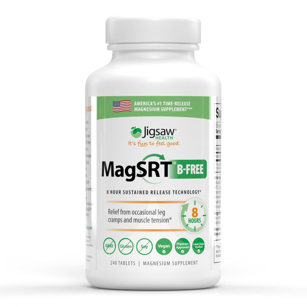 Jigsaw Health MagSRT bottle display showing premium magnesium malate supplement