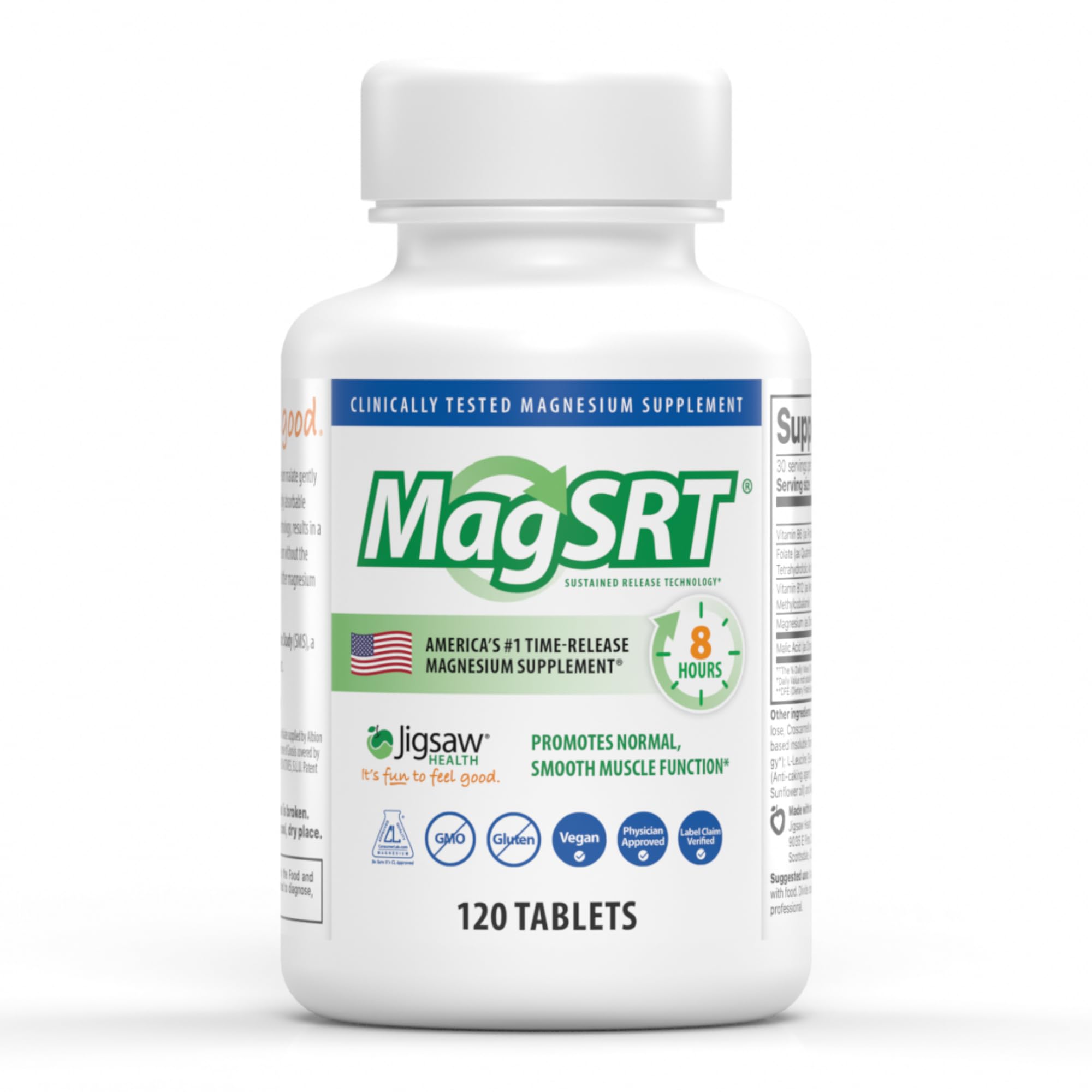 MagSRT by Jigsaw Health bottle front showing timed-release magnesium