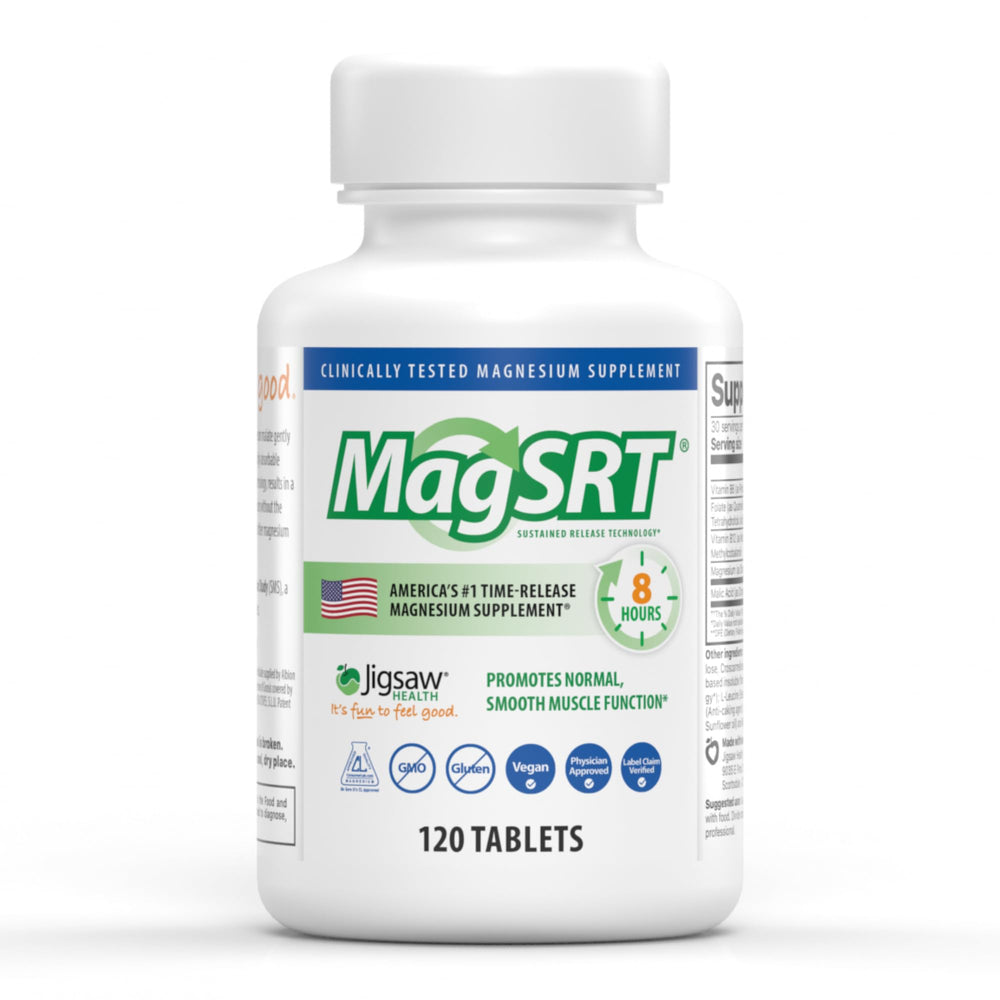 MagSRT by Jigsaw Health bottle front showing timed-release magnesium