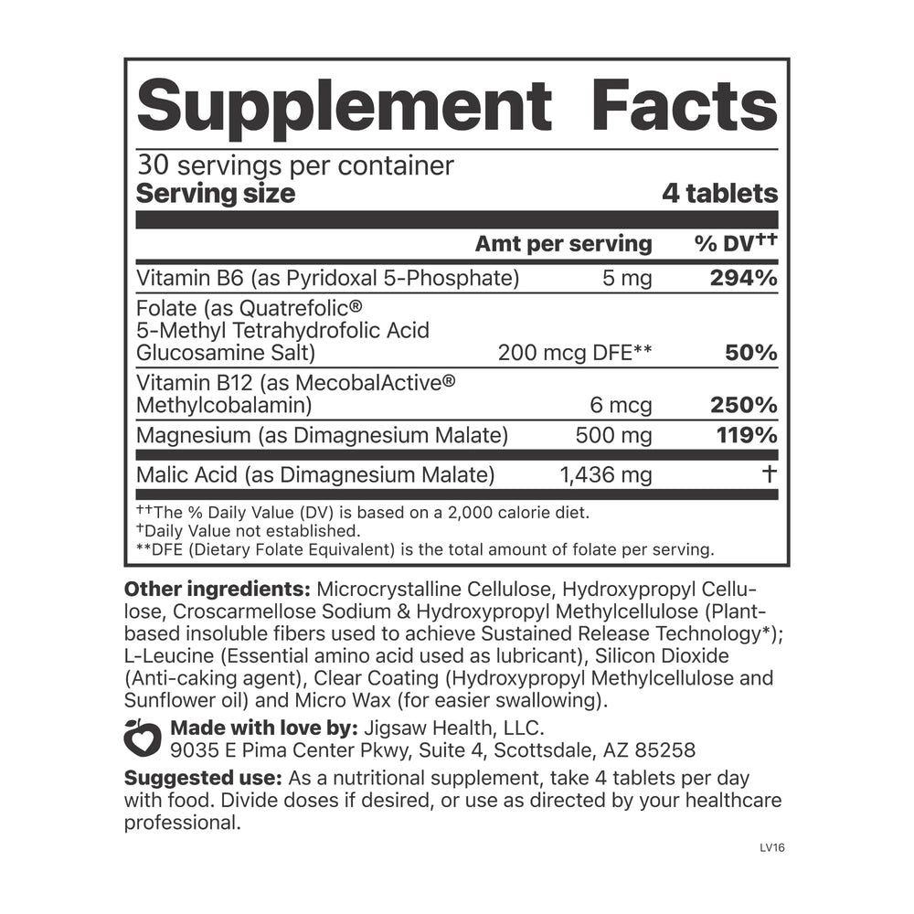 Jigsaw Health MagSRT label with B6, folate, and B12 for daily balance