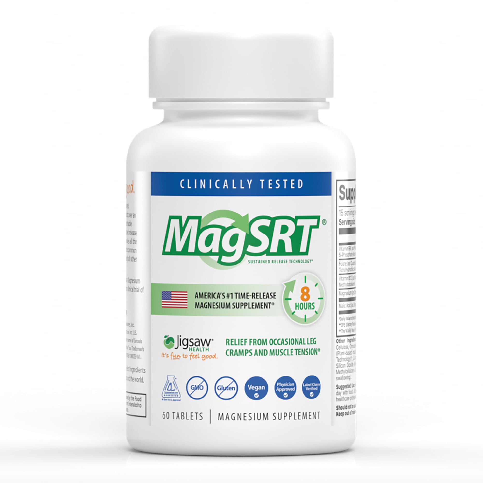 Jigsaw Health MagSRT bottle with tablets on a counter supports steady energy.
