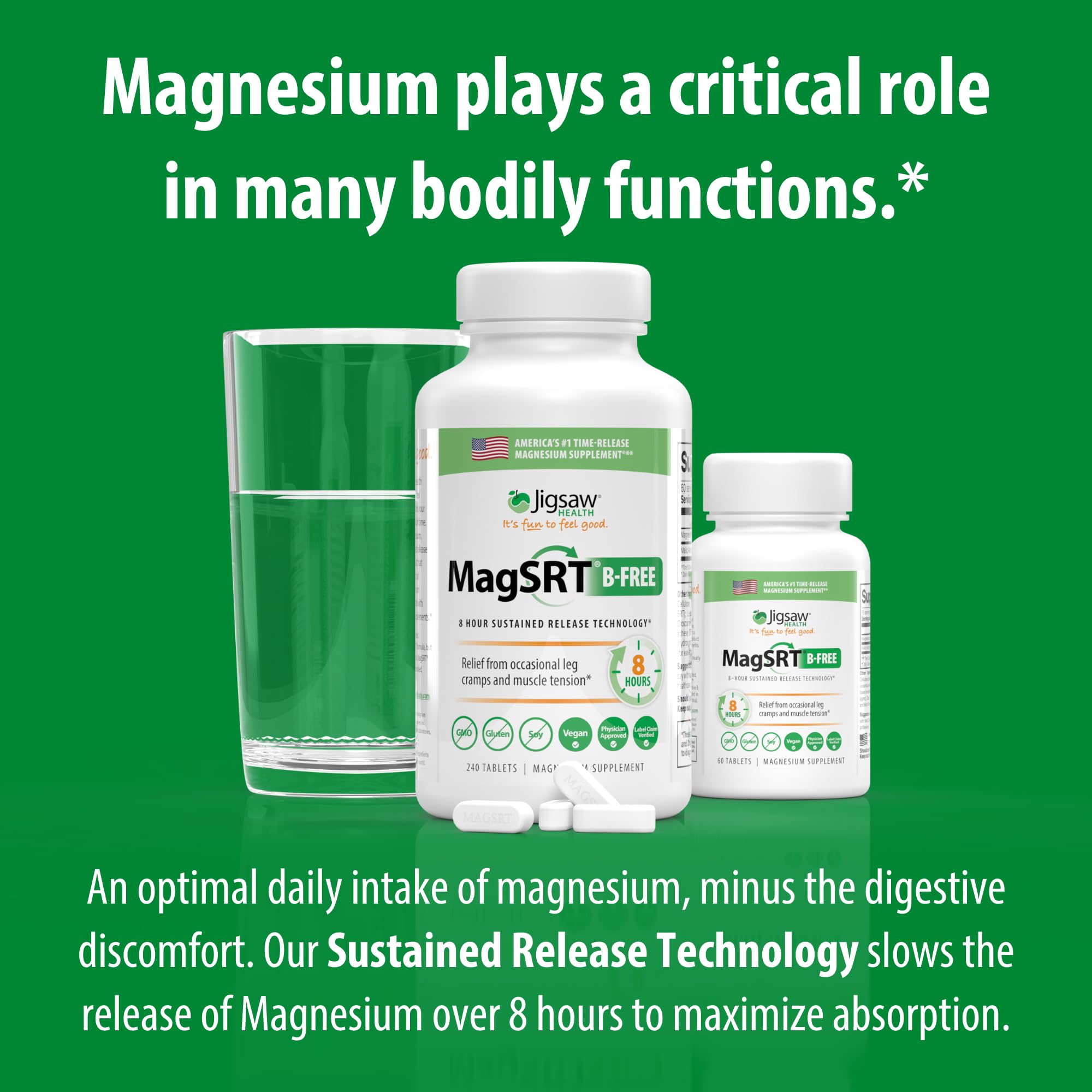 Jigsaw Health MagSRT supplement scene with 240 tablets and 60 servings