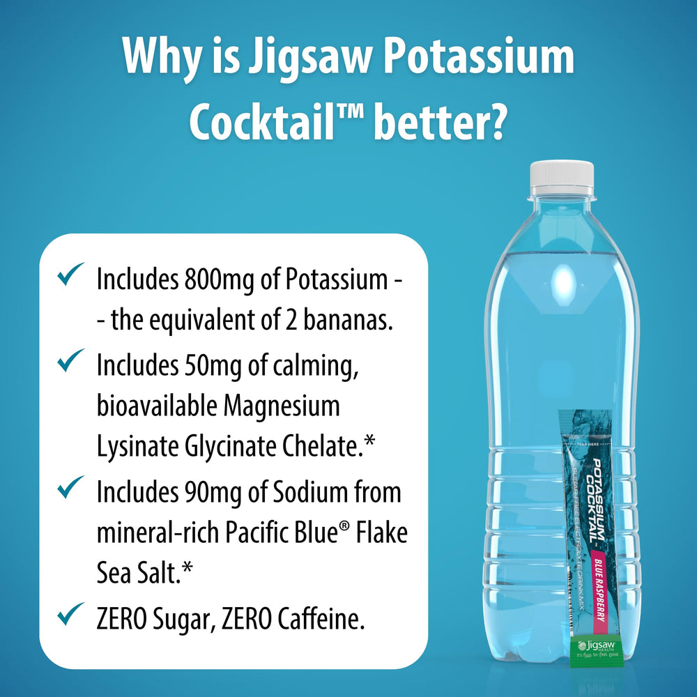 Glass with ice containing Jigsaw Health Potassium Cocktail blue raspberry for a cool sip