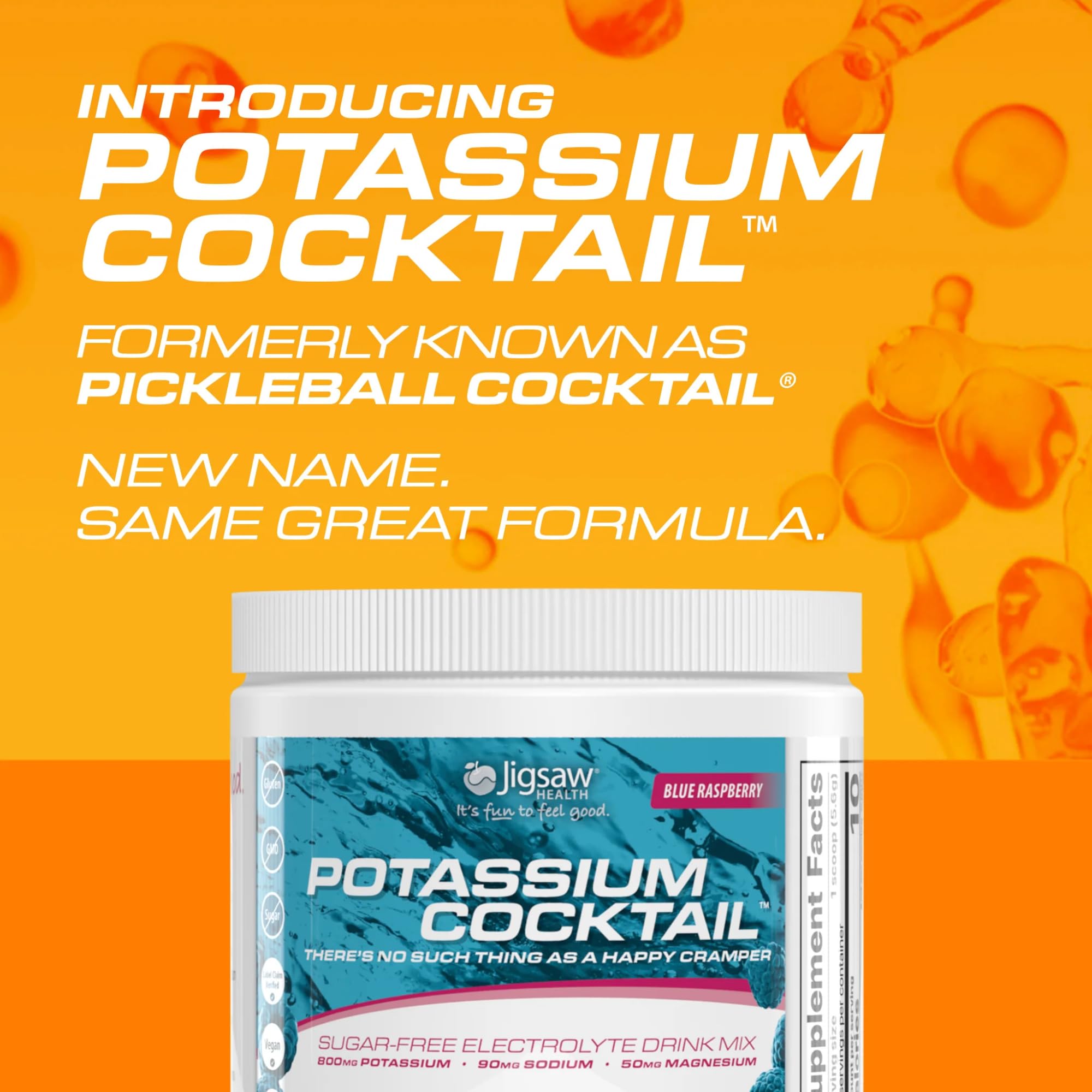 Close-up of Jigsaw Health Potassium Cocktail label highlighting zero sugar and caffeine-free formula