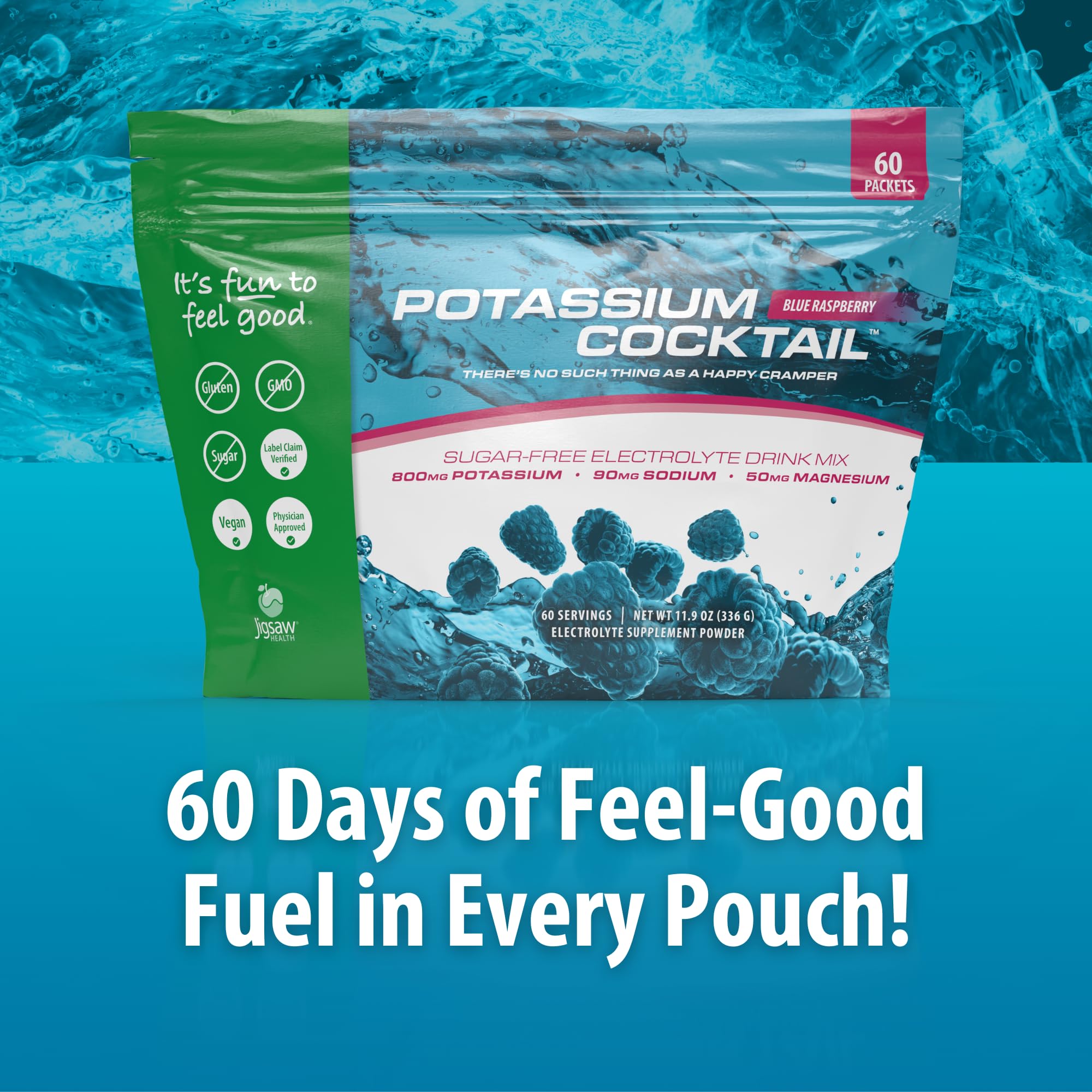 Pouring Jigsaw Health Potassium Cocktail blue raspberry into a glass for refreshing hydration