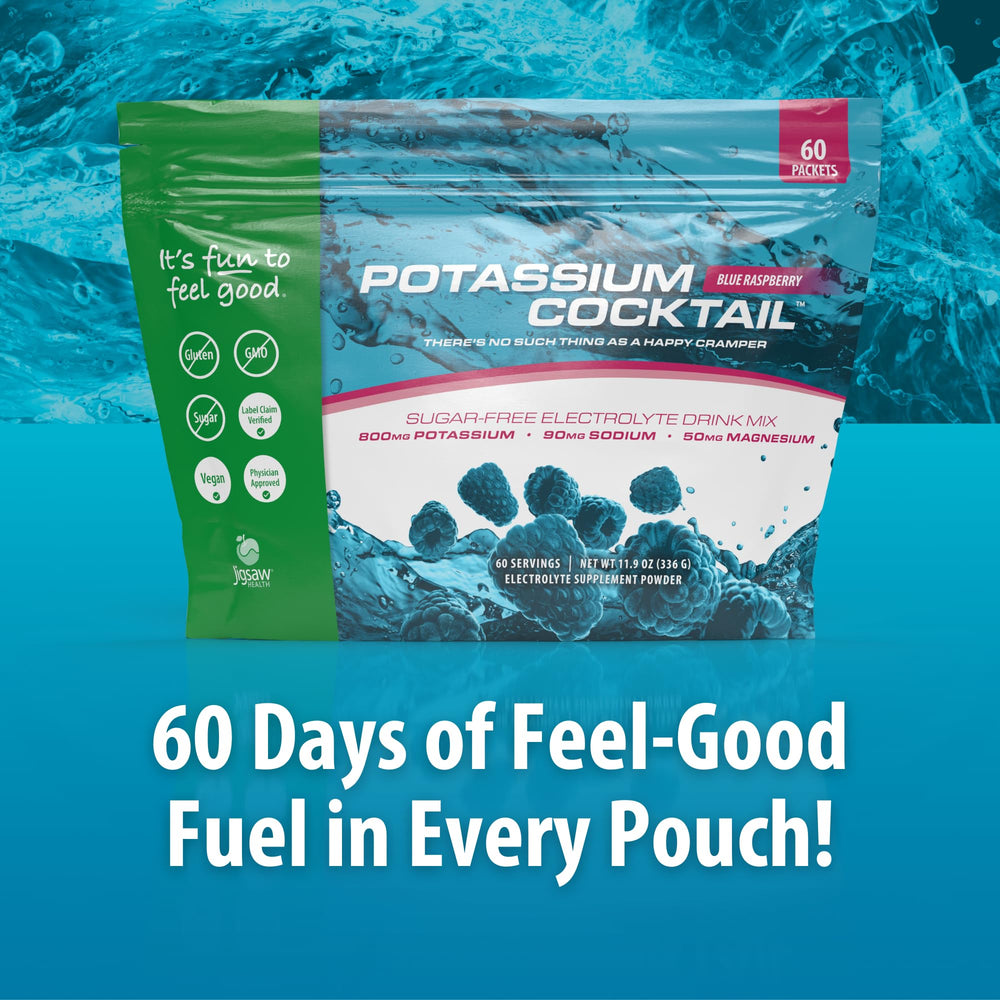 Pouring Jigsaw Health Potassium Cocktail blue raspberry into a glass for refreshing hydration