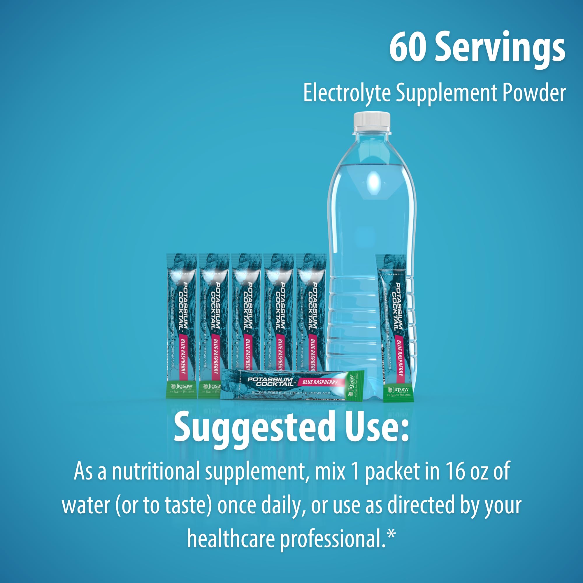 Jigsaw Health Potassium Cocktail blue raspberry travel-pack shown beside a water bottle