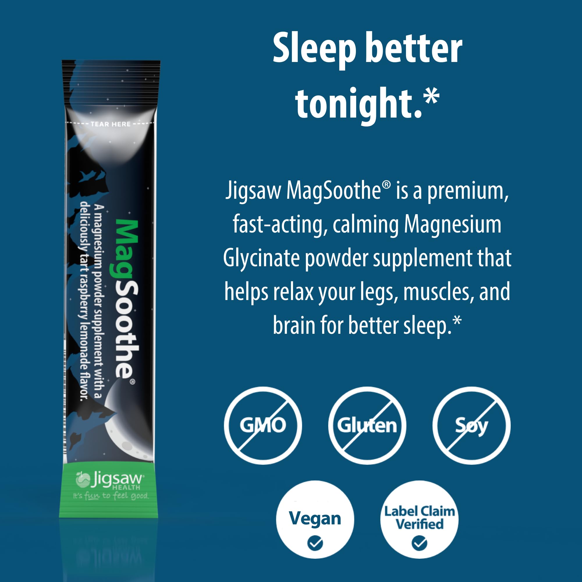 Jigsaw Health MagSoothe scoop beside a glass for easy mixing.