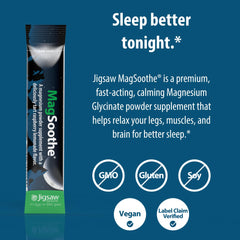 Jigsaw Health MagSoothe scoop beside a glass for easy mixing.