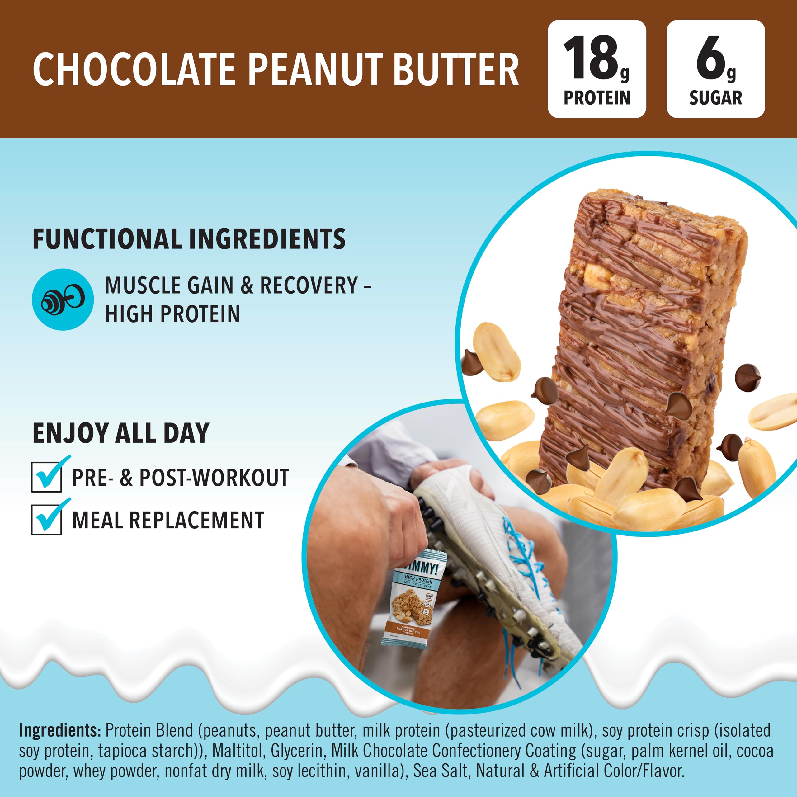 Single JimmyBar! bite with creamy chocolate and crunchy peanuts