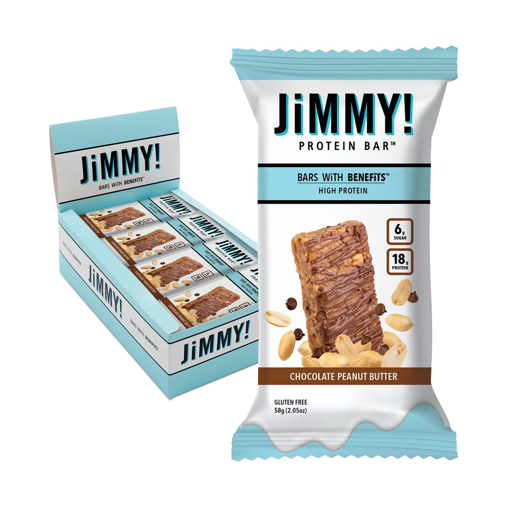 JimmyBar! chocolate peanut butter protein bar in packaging for on-the-go fuel