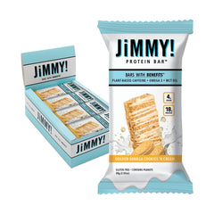 JIMMYBAR Golden Vanilla Cookies ’N Cream bar with real peanut butter and premium chocolate drizzle.