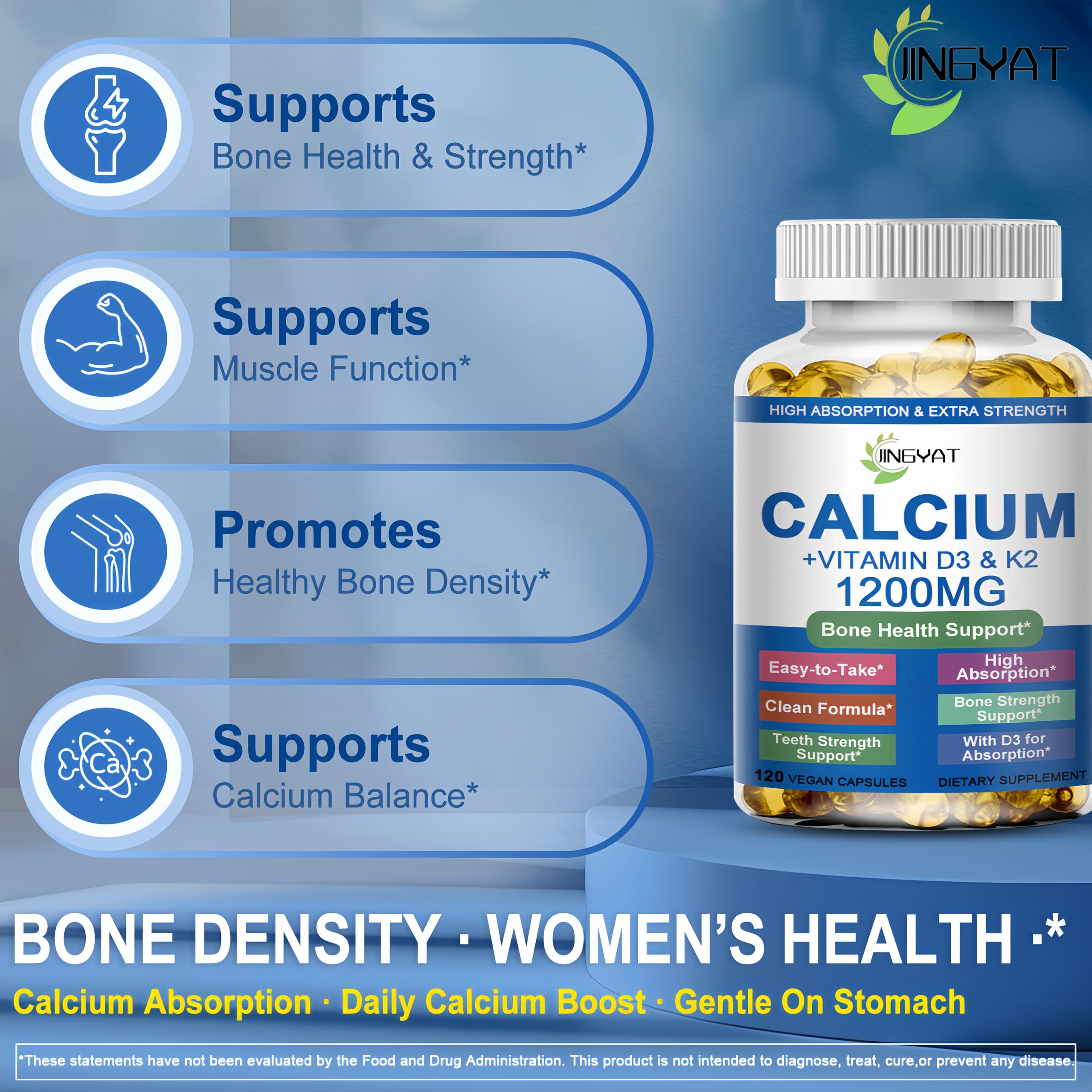 Close-up of JINGYAT calcium softgels, easy-to-swallow daily supplement.