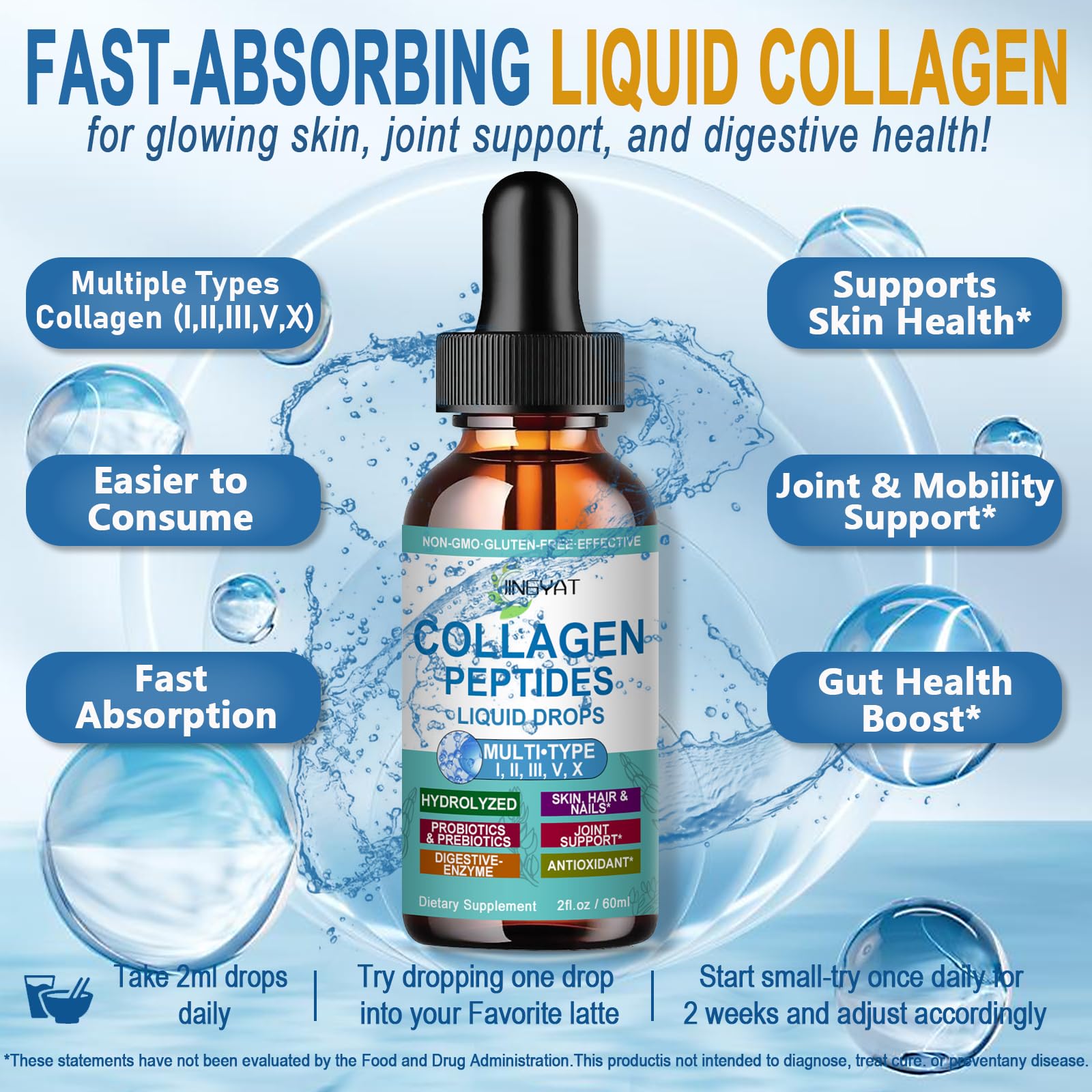 JINGYAT Collagen Drops bottle front with biotin vitamins for hair and nails