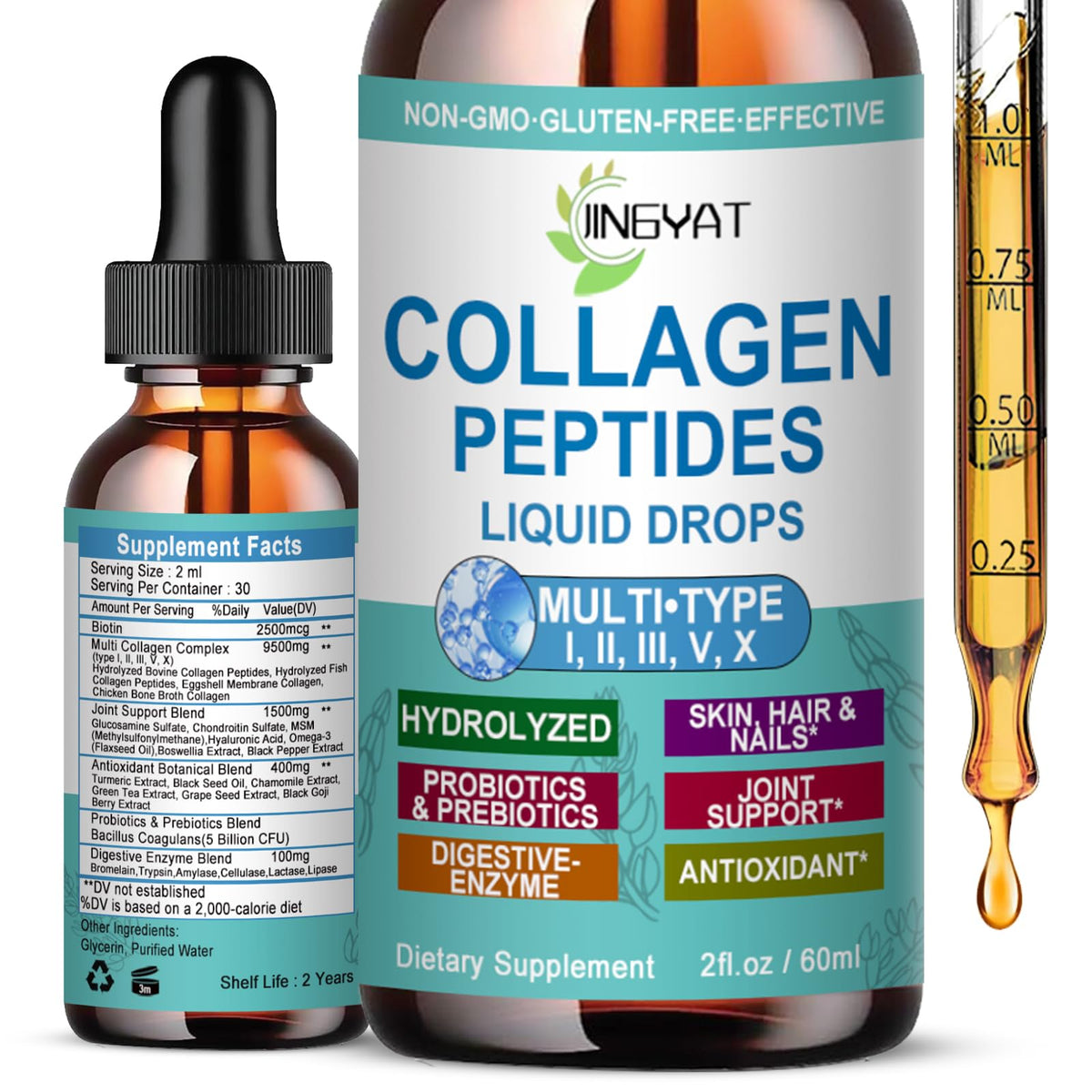 JINGYAT Collagen Drops bottle closeup highlighting quick absorption and daily support