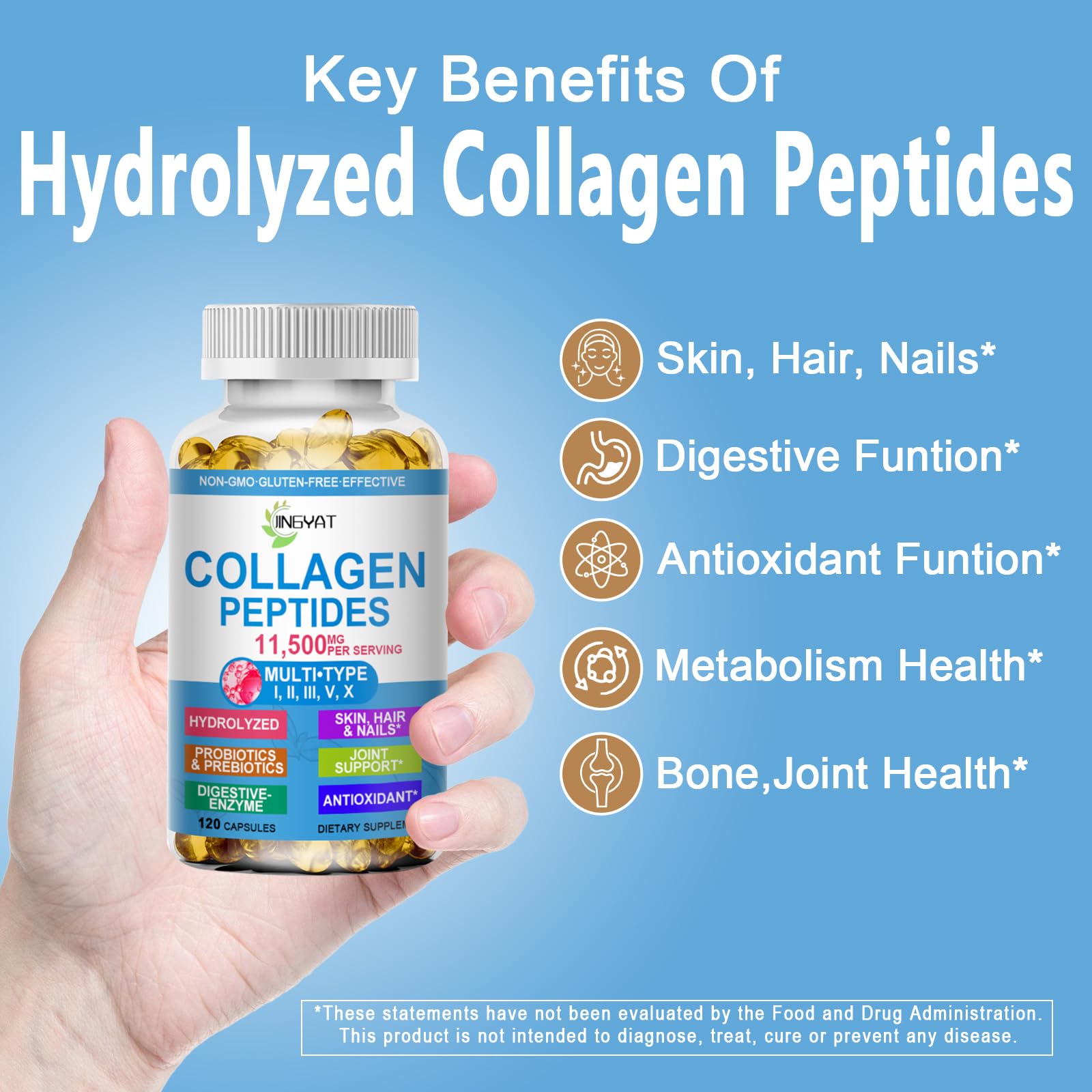 JINGYAT collagen softgels bottle side highlighting easy-to-swallow capsules for daily wellness.