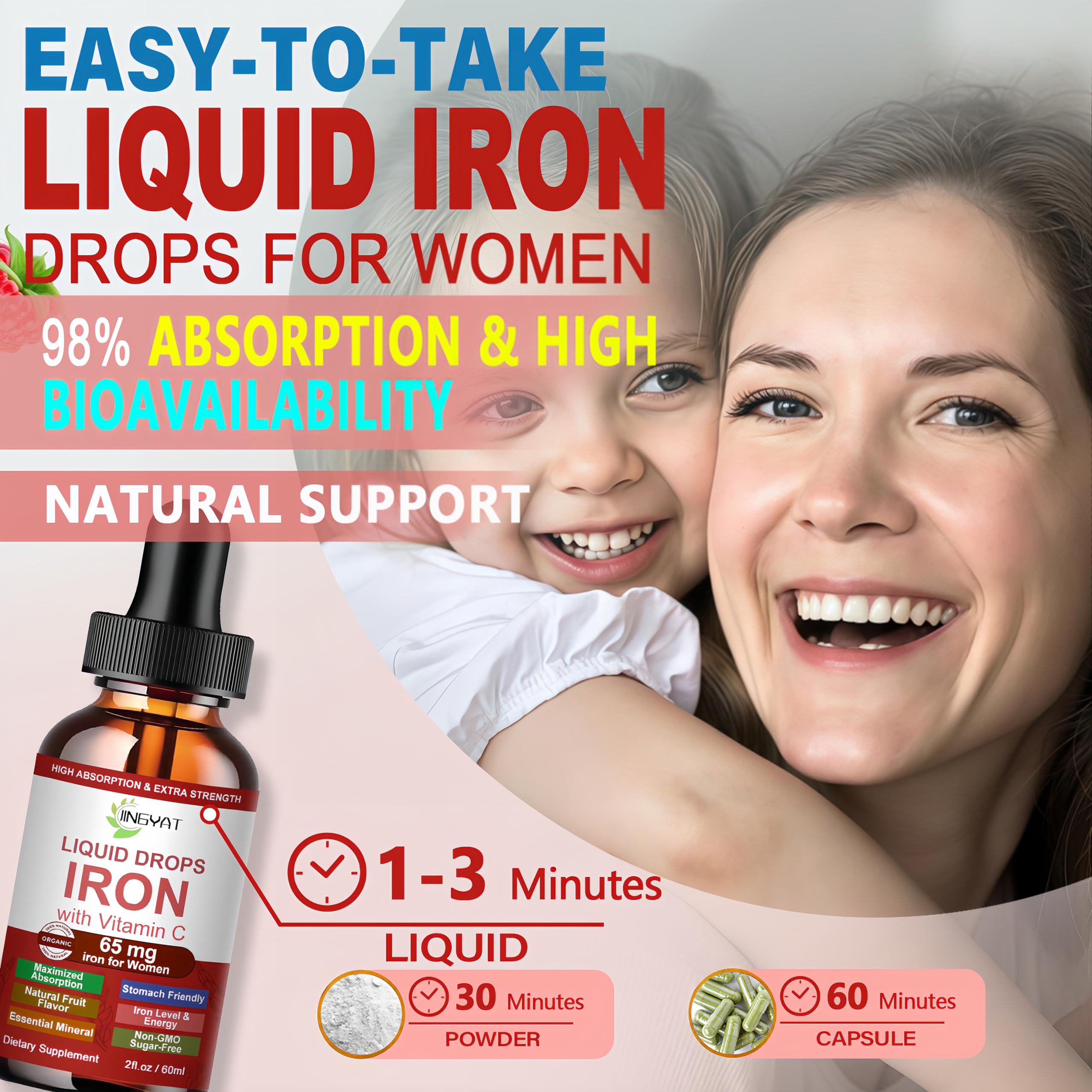 JINGYAT Iron Liquid Drops label highlighting Vitamin C for absorption.