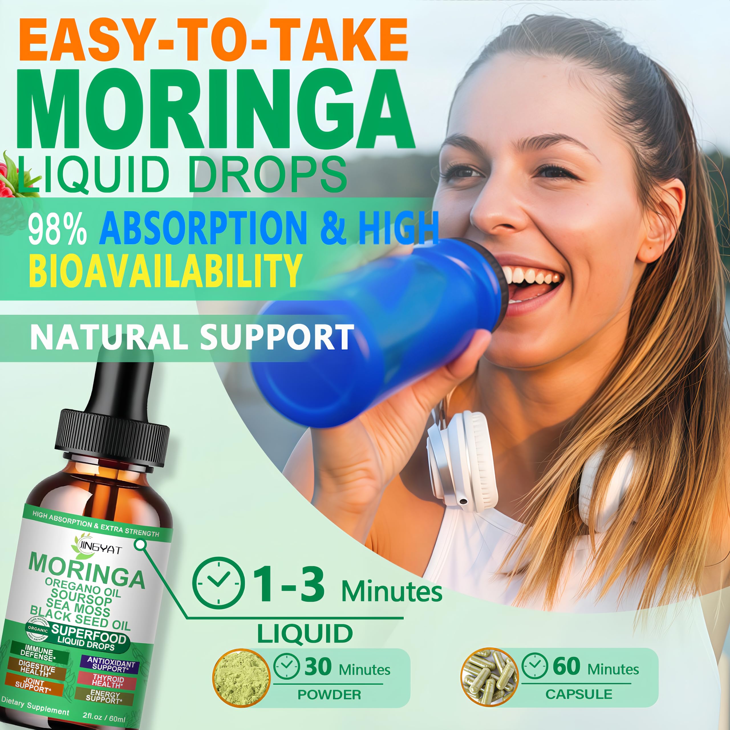 JINGYAT drops ingredients visual featuring Moringa, Soursop, Sea Moss and more for wellness.