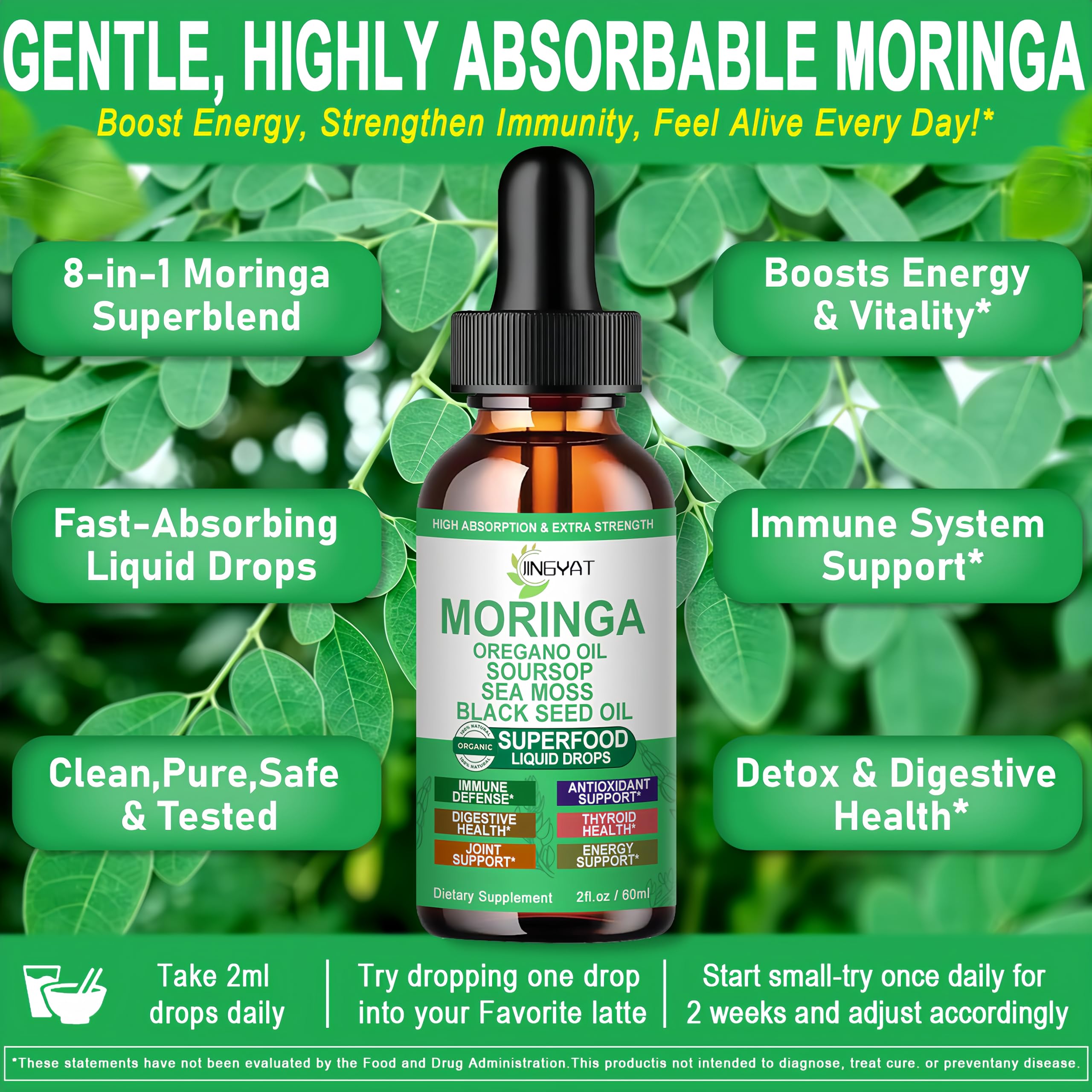 JINGYAT Moringa Complex Drops pour shot showing fast-absorption for daily energy.