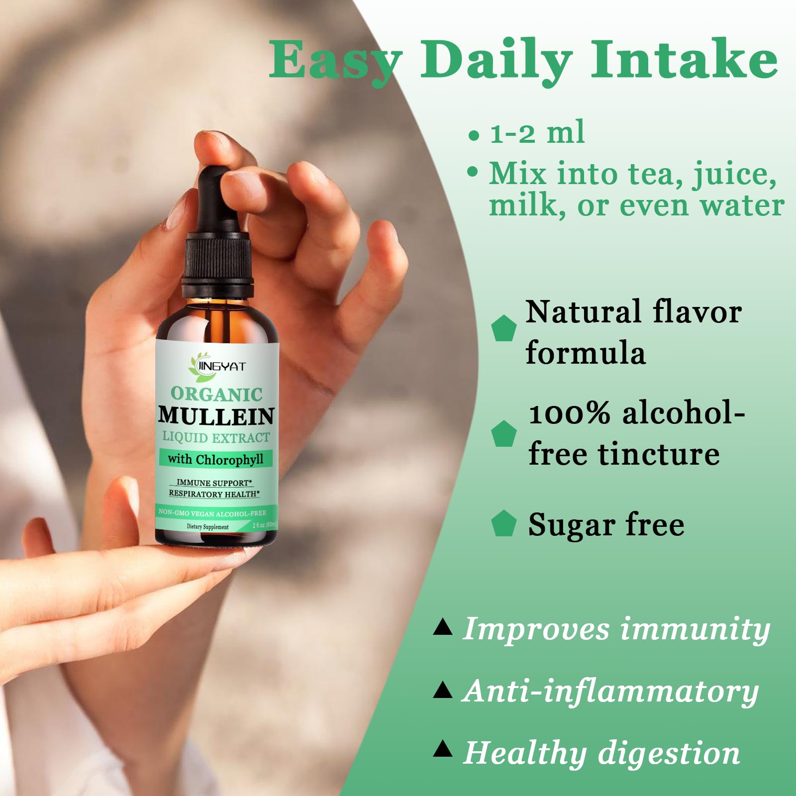 JINGYAT Mullein Drops are non-GMO, kosher, gluten-free for purity and safety.