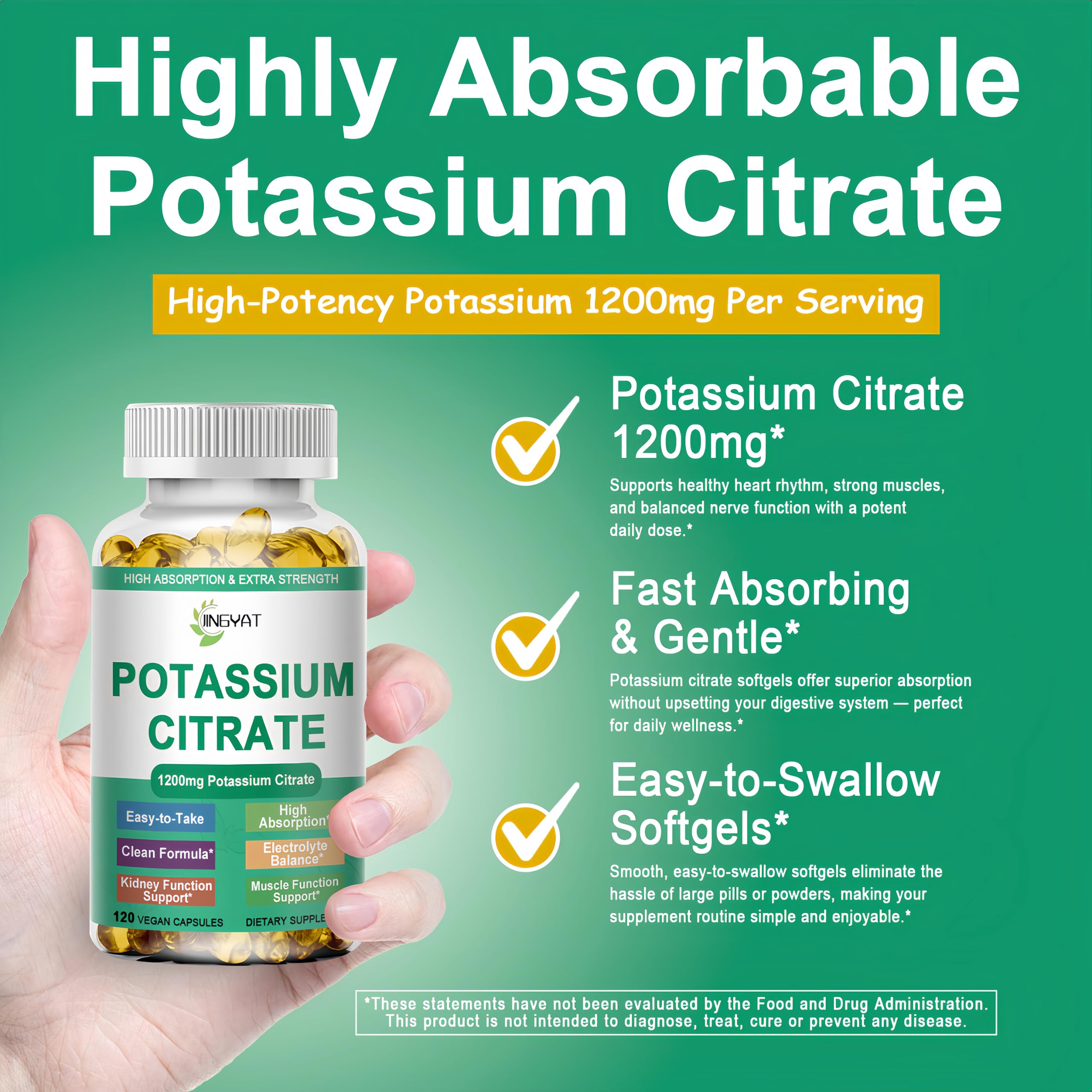 JINGYAT potassium citrate softgels label highlights high-potency formula.