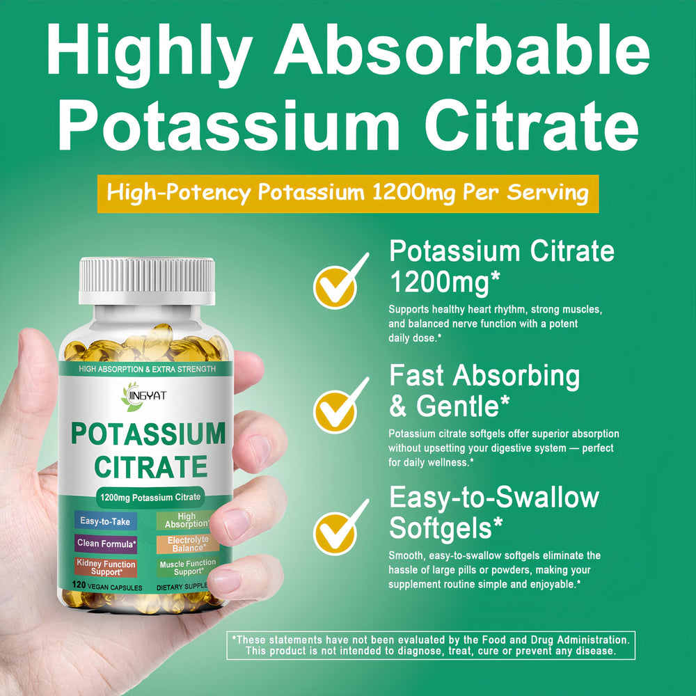 JINGYAT potassium citrate softgels label highlights high-potency formula.