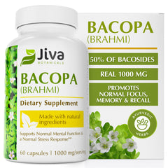 Jiva Botanicals Bacopa Monnieri capsules in an amber bottle for daily brain support
