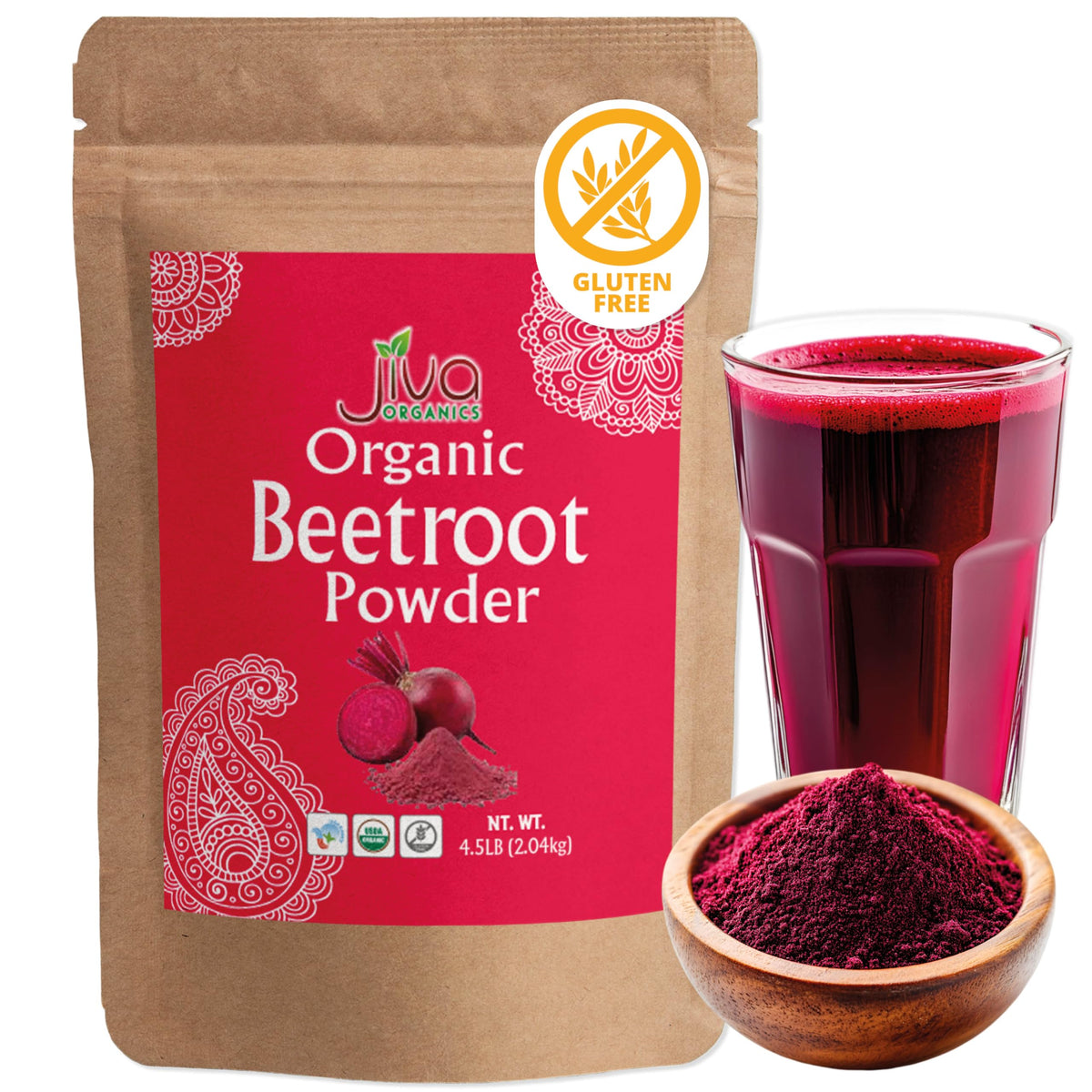 Jiva Organics beet root powder bulk pack label shows organic quality and color.
