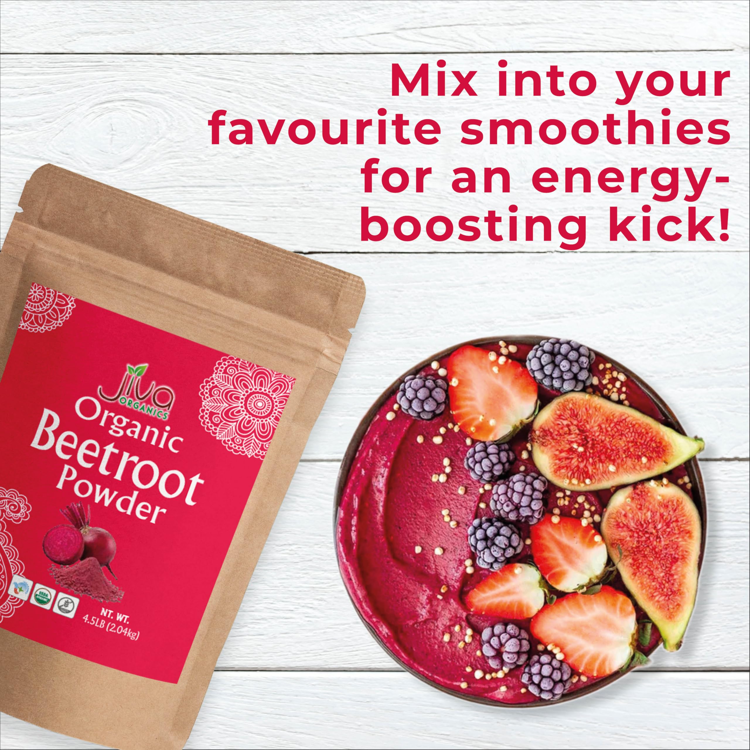 Jiva Organics beet root powder non-GMO certification sign highlights purity.