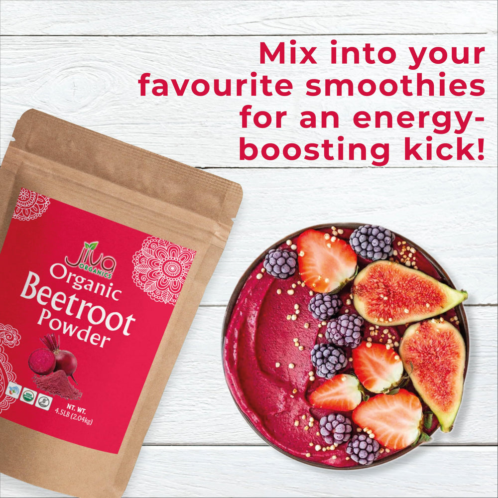 Jiva Organics beet root powder non-GMO certification sign highlights purity.