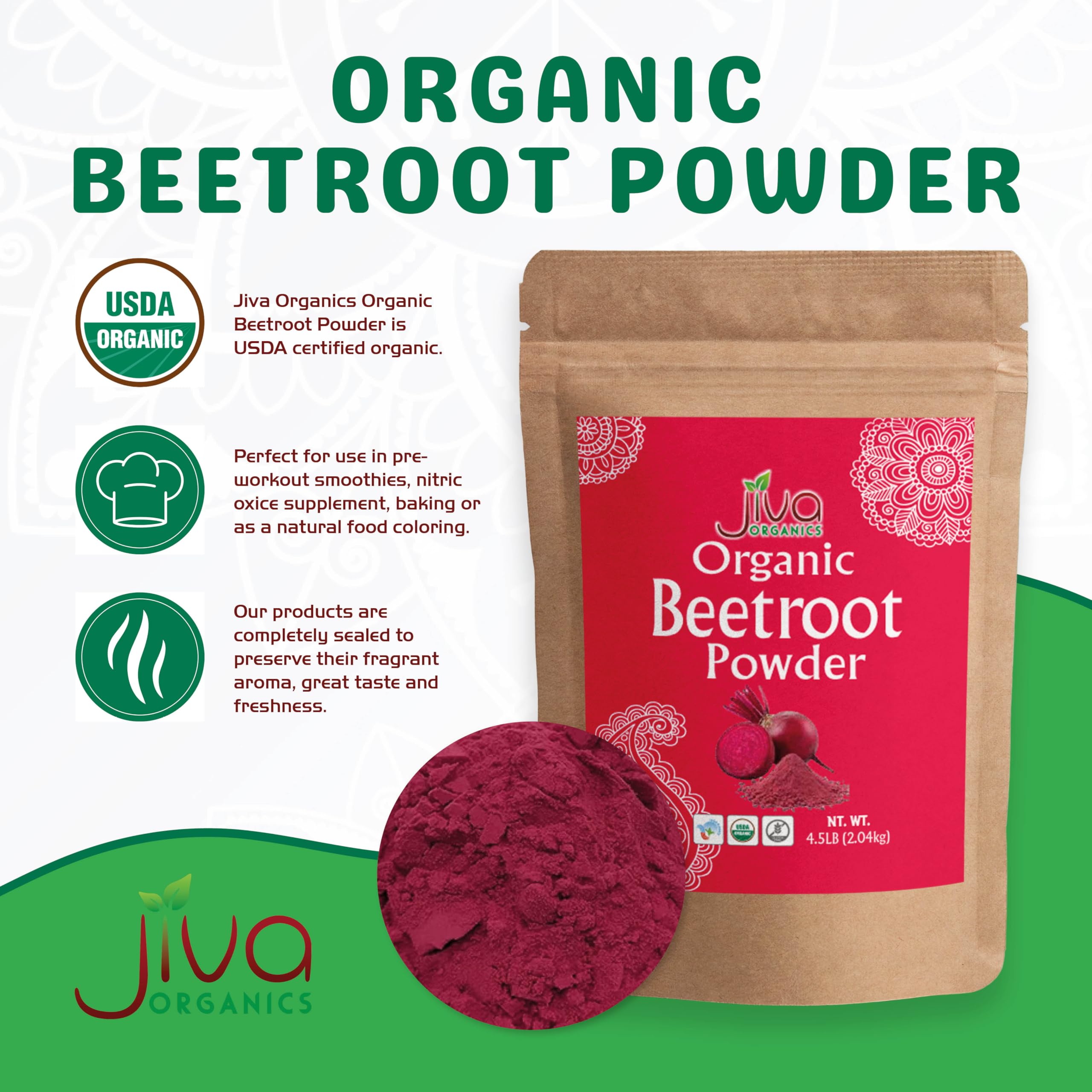 Jiva Organics beet root powder on water, easy to dissolve.