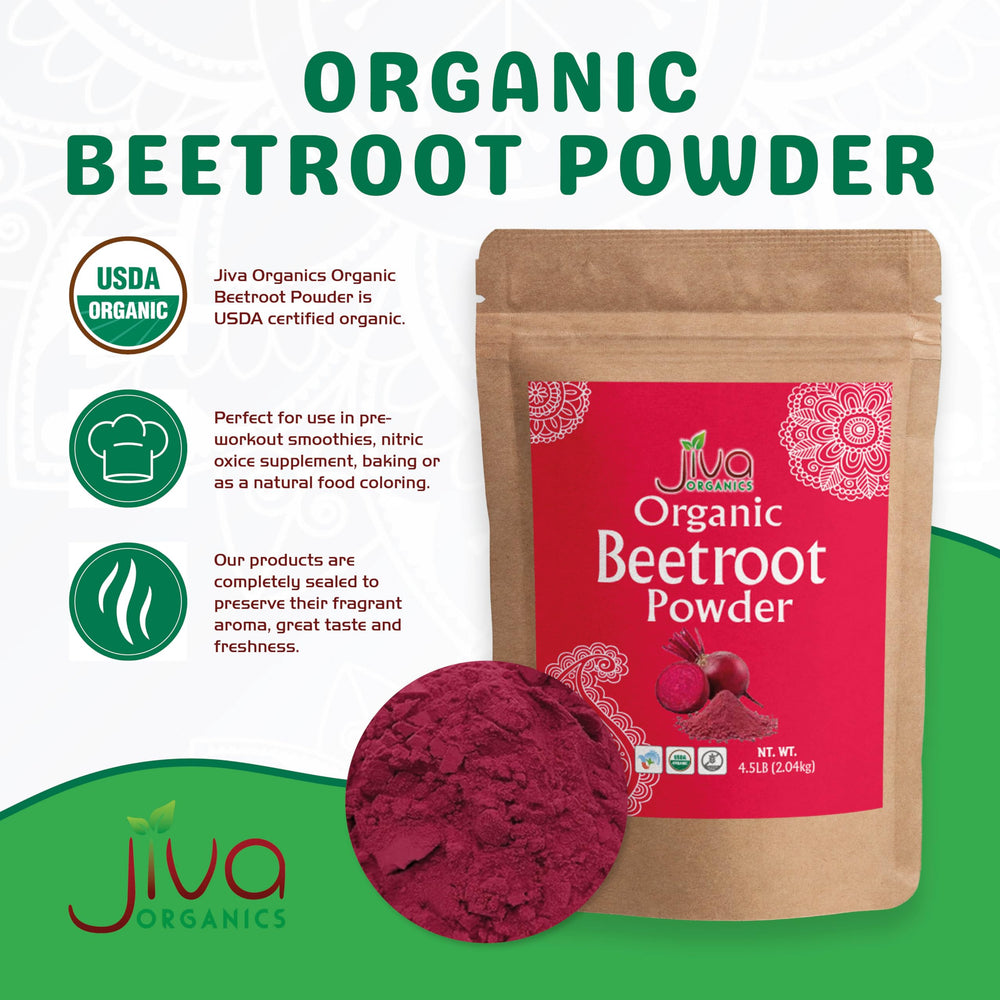 Jiva Organics beet root powder on water, easy to dissolve.