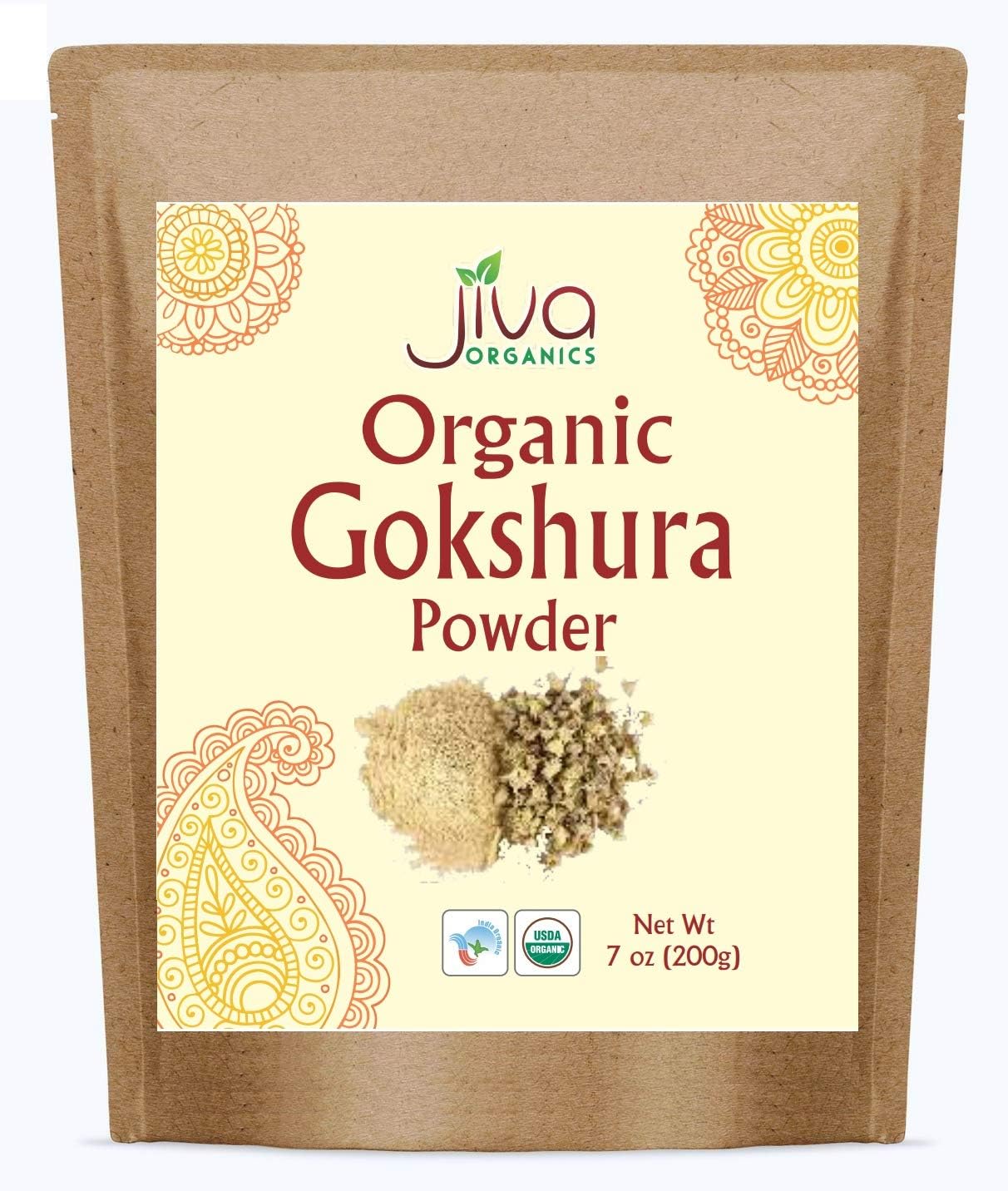 Jiva Organics Gokshura powder bag for daily smoothies and blends.