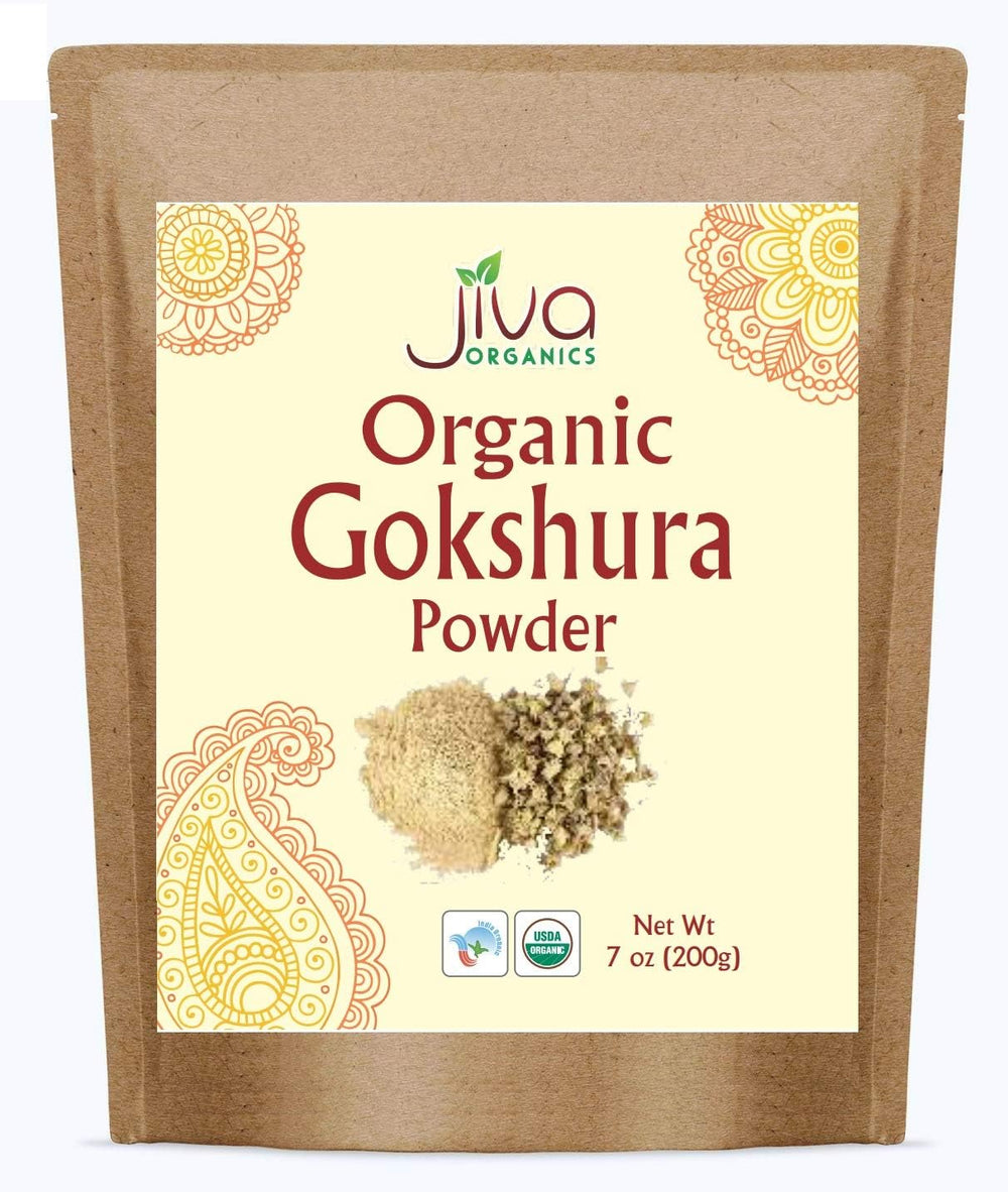 Jiva Organics Gokshura powder bag for daily smoothies and blends.
