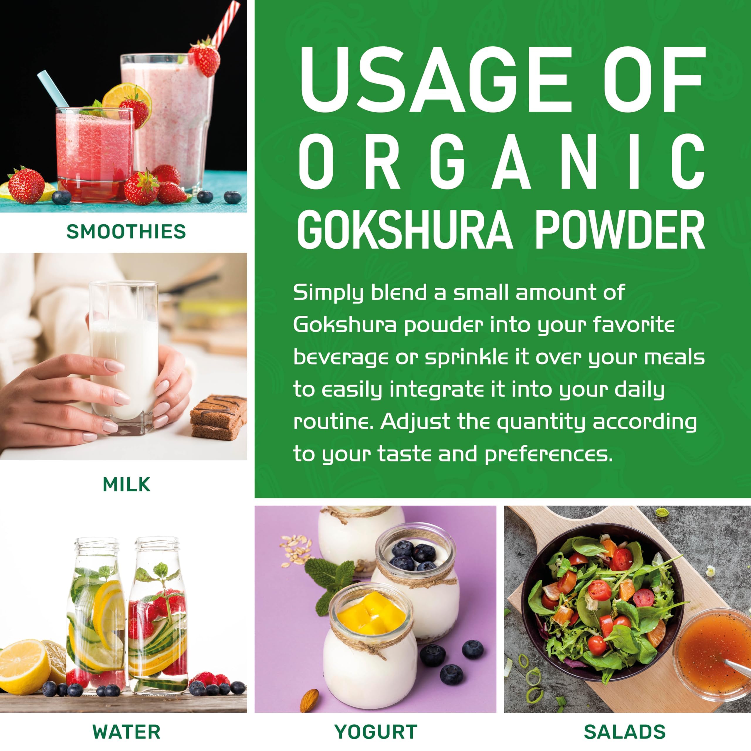 Indian origin imagery signaling natural ingredients in Jiva Organics gokshura powder.