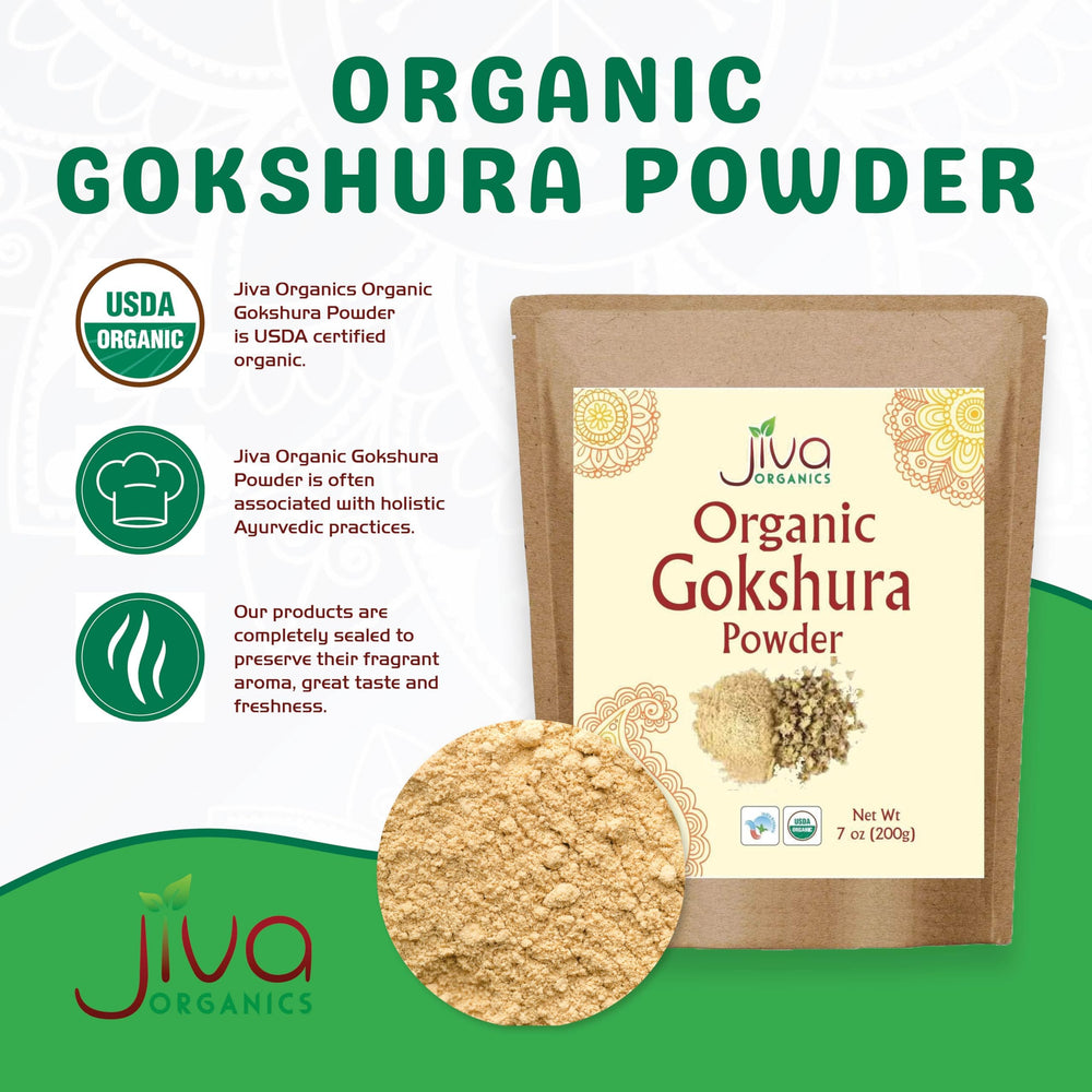 Packaging on shelf showing non-GMO gokshura powder for daily routines.