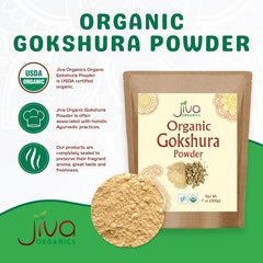 Packaging on shelf showing non-GMO gokshura powder for daily routines.