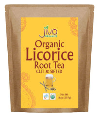 Jiva Organics Licorice Root Tea cut & sifted, ideal for a fragrant herbal infusion.