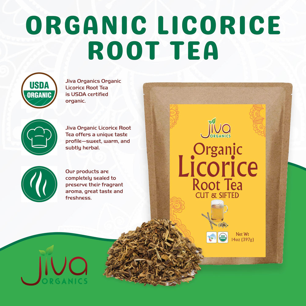 Jiva Organics Licorice Root Tea dried roots close-up for quality inspection.