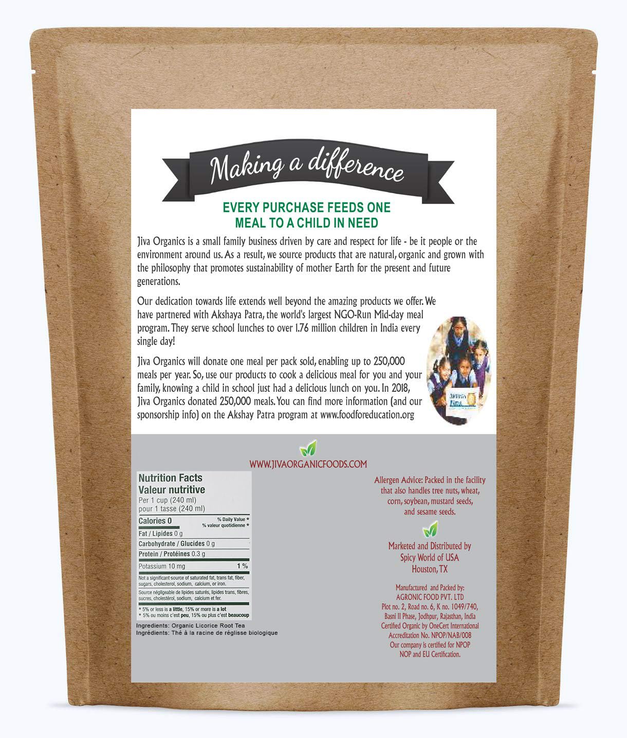 Jiva Organics Licorice Root Tea in bulk bag for easy storage and value.