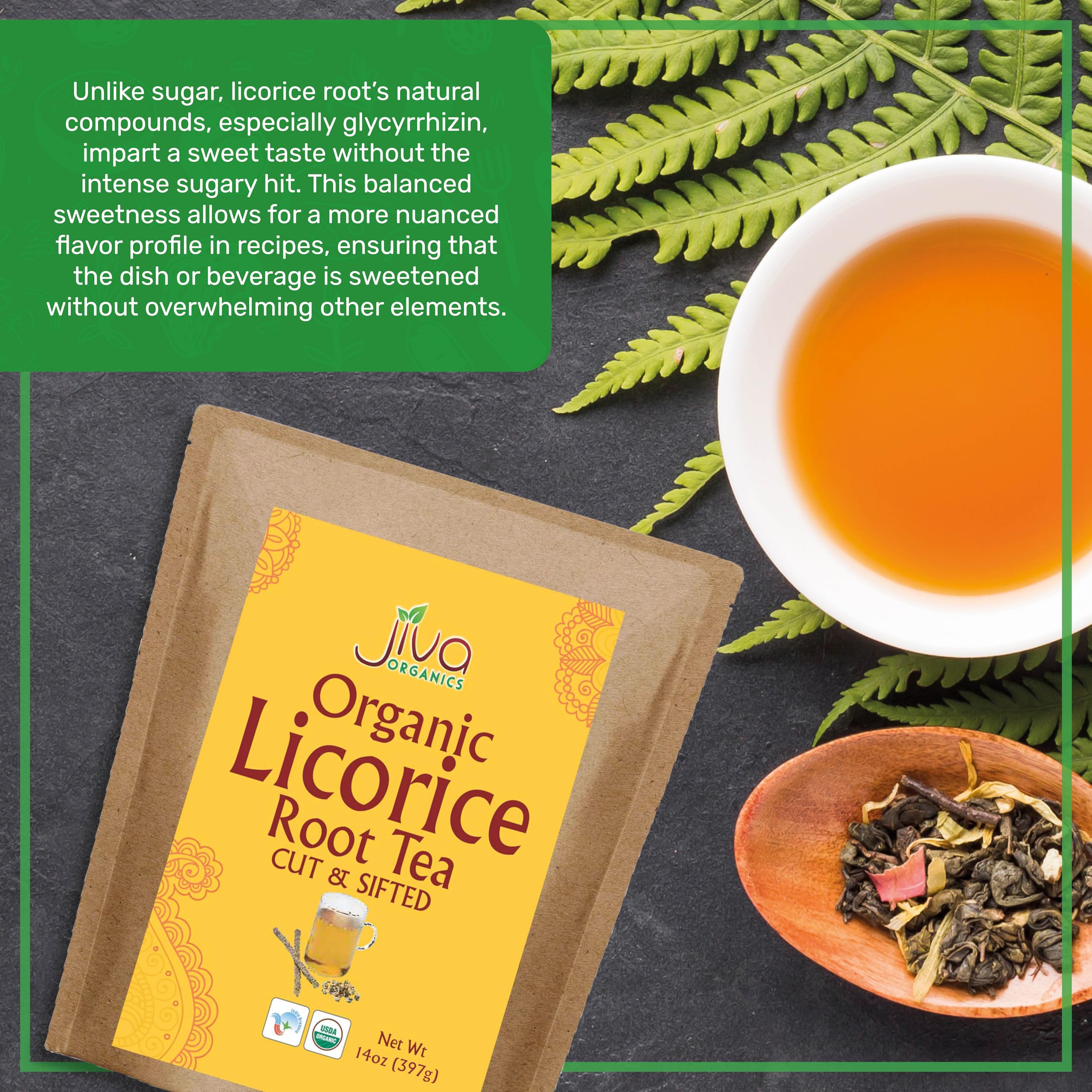 Jiva Organics Licorice Root Tea steeping in a cup with warm aroma.