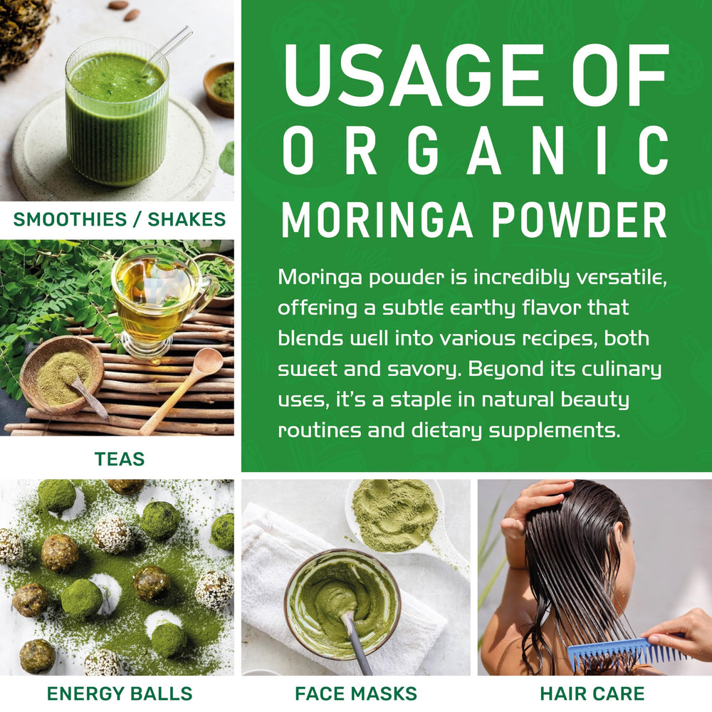 Bright green moringa powder indicating freshness.