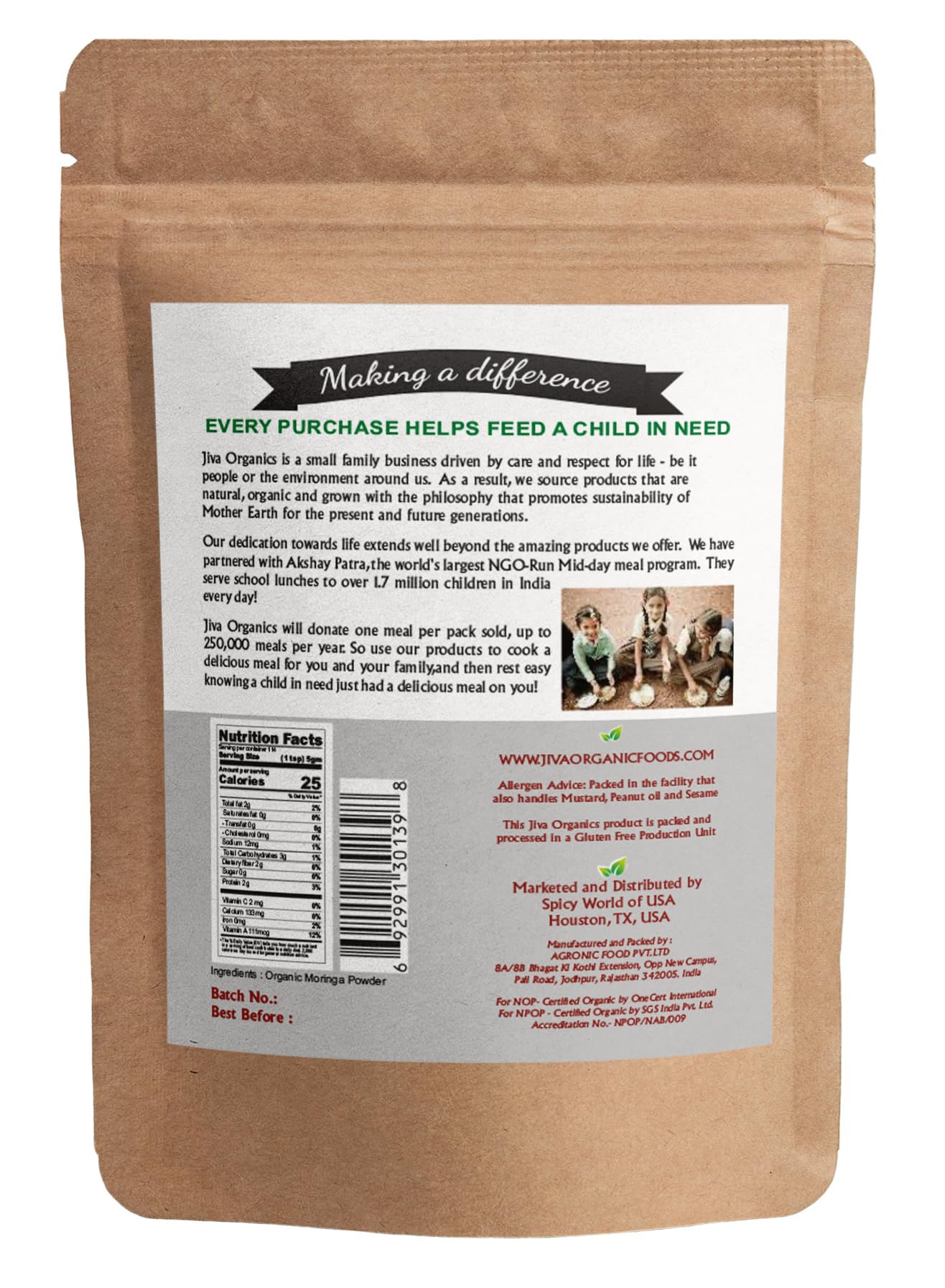 Jiva Organics branding with Non-GMO and vegan labels.