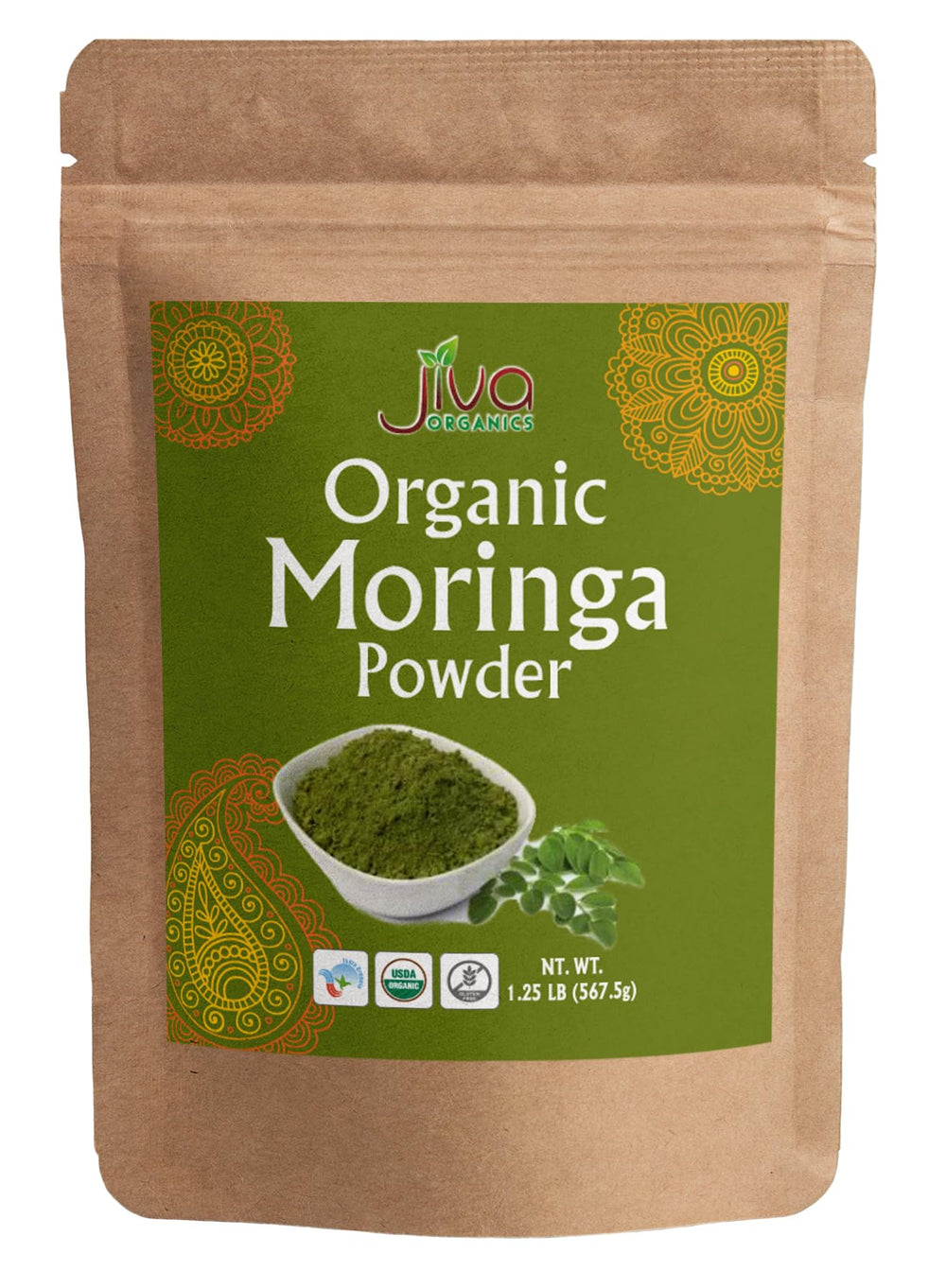 Jiva Organics moringa powder in a bulk bag for easy storage.