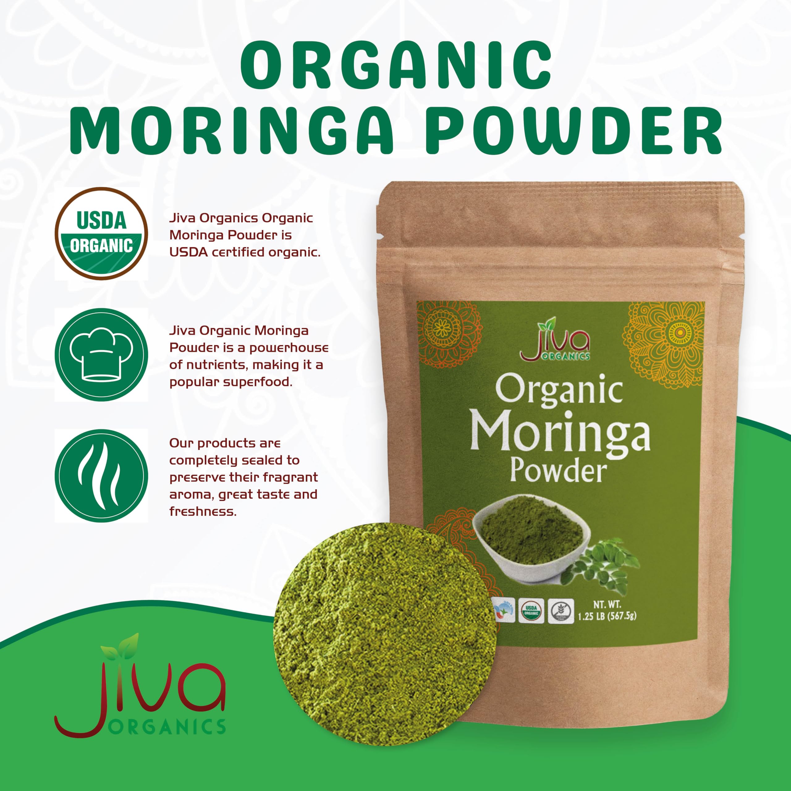 Scoop of moringa powder for smoothies and beverages.