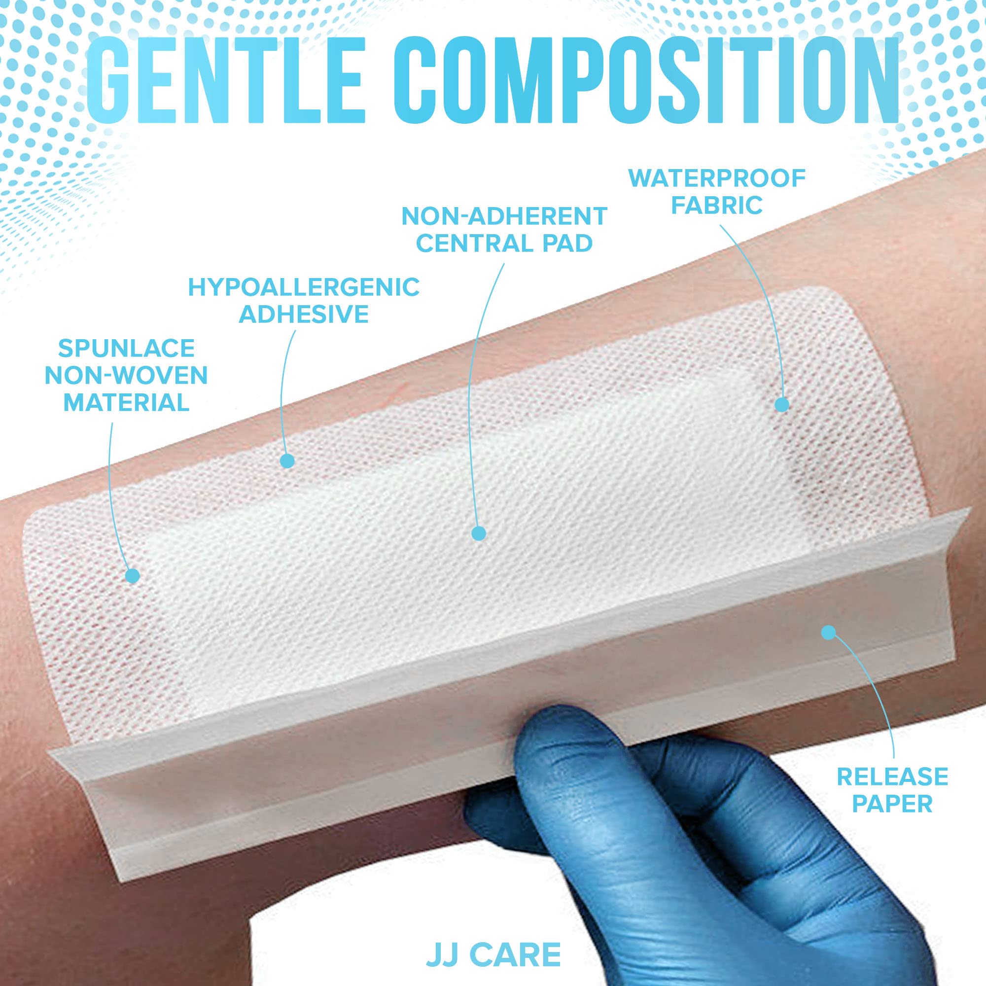 JJ CARE bordered gauze pad provides absorption and a secure seal for healing skin.