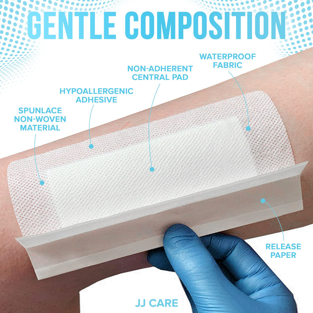 JJ CARE bordered gauze pad provides absorption and a secure seal for healing skin.