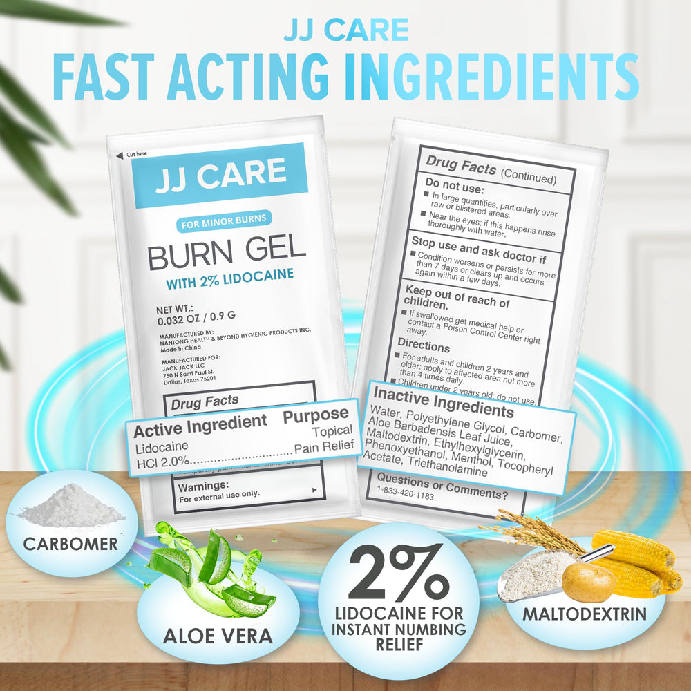 JJ CARE burn gel pack back shows usage notes for informed care